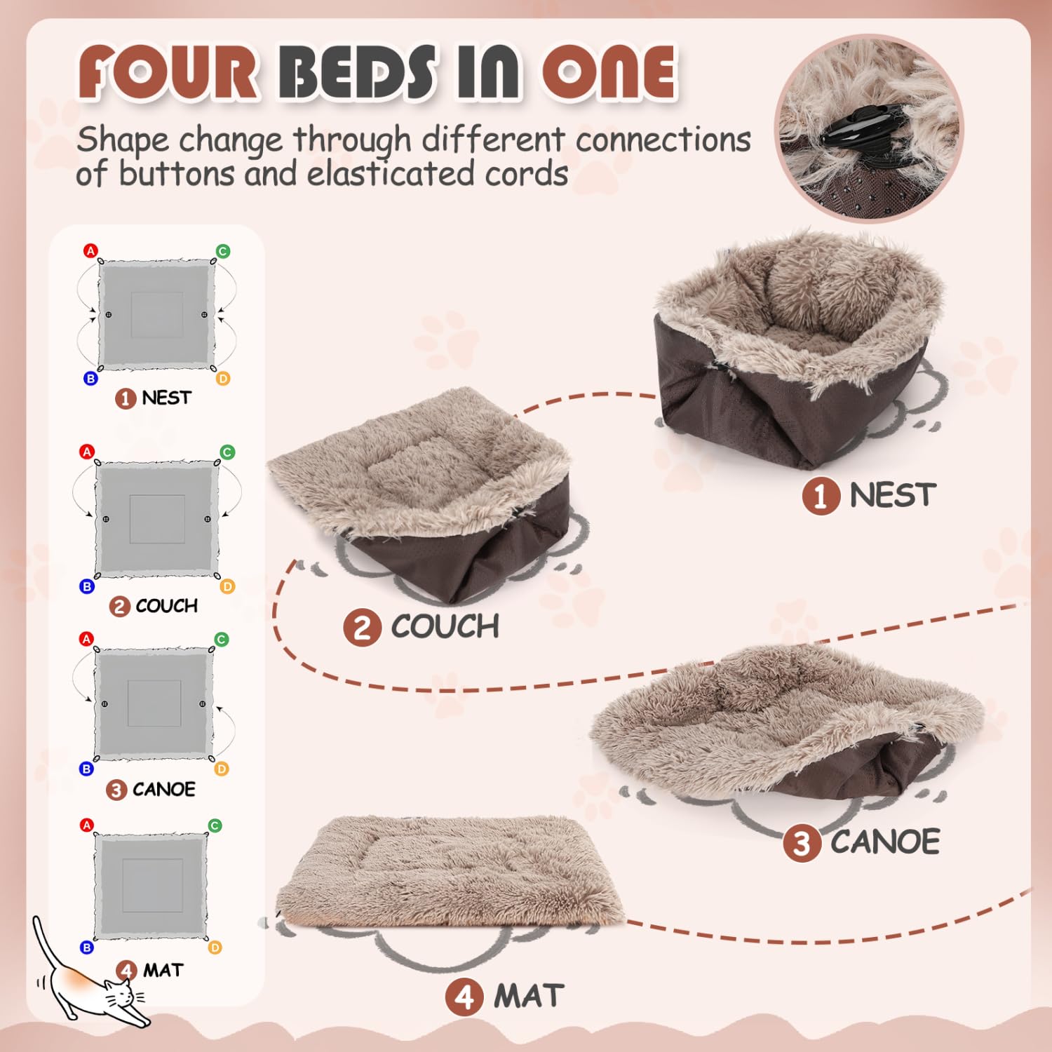 Nobleza 2 in 1 Cuccia per Gatti, Letto per Gatti Cani Pieghevole Peloso, Cuccia Gatto Interno Morbido Antiscivolo Lavabile, Adatto a Gatti Cani di Piccola e Media Taglia, Marrone, 60 x 50cm