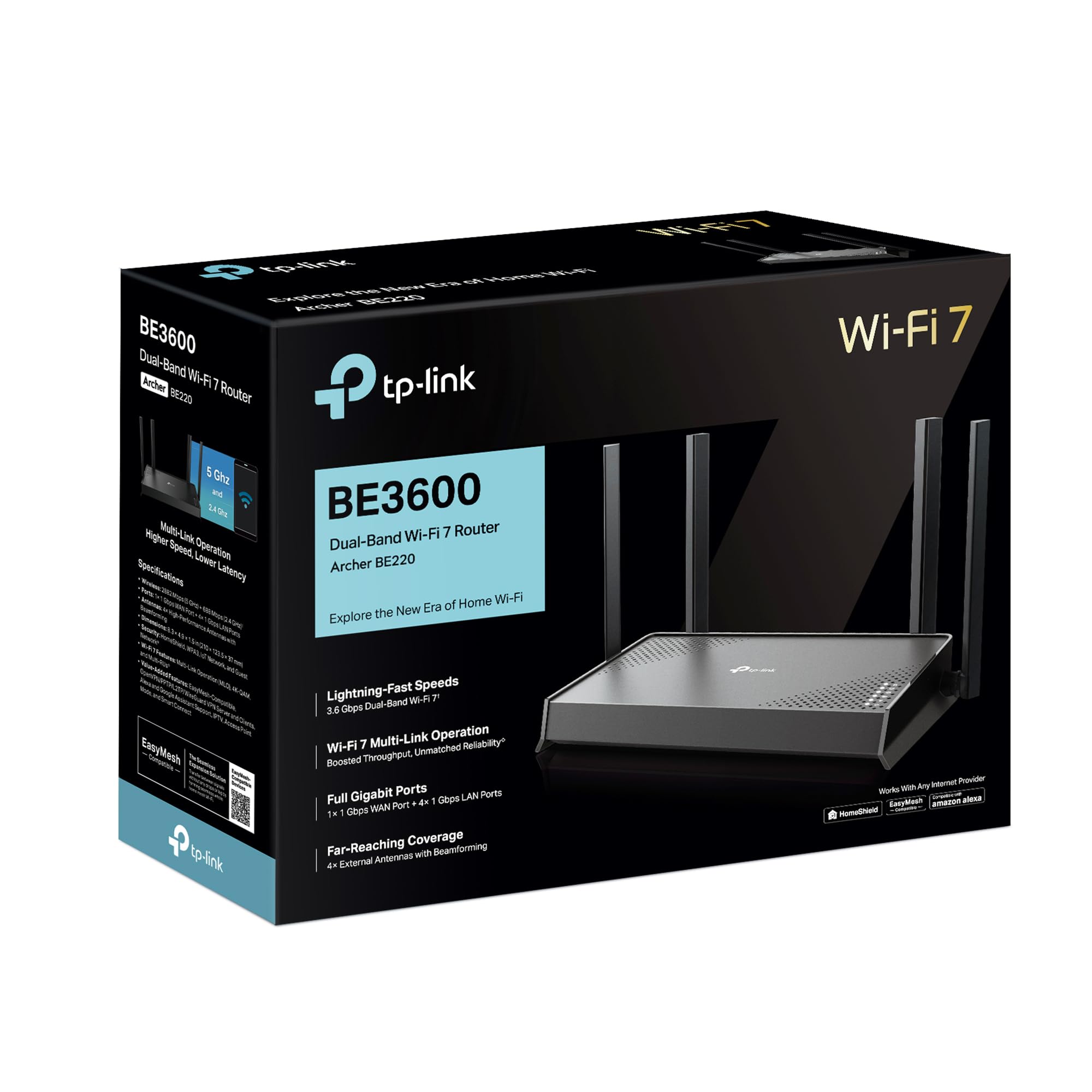 TP-Link Archer BE220 – Router Wi-Fi 7 BE3600 Dual Banda (hasta 3,6 Gbps), 5 Puertos Gigabit, 4 Antenas externas, Beamforming, MU-MIMO, OFDMA, EasyMesh, HomeShield, Ideal hogar y Gaming