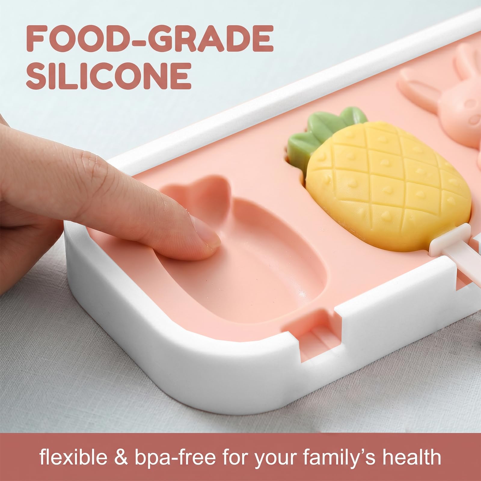 Set 2 Moldes para Helados de Silicona, 8 Formas Dibujos Animados & Frutas Molde Helado con Tapa y 12 Palitos Reutilizables, Sin BPA para Hacer Helados Caseros