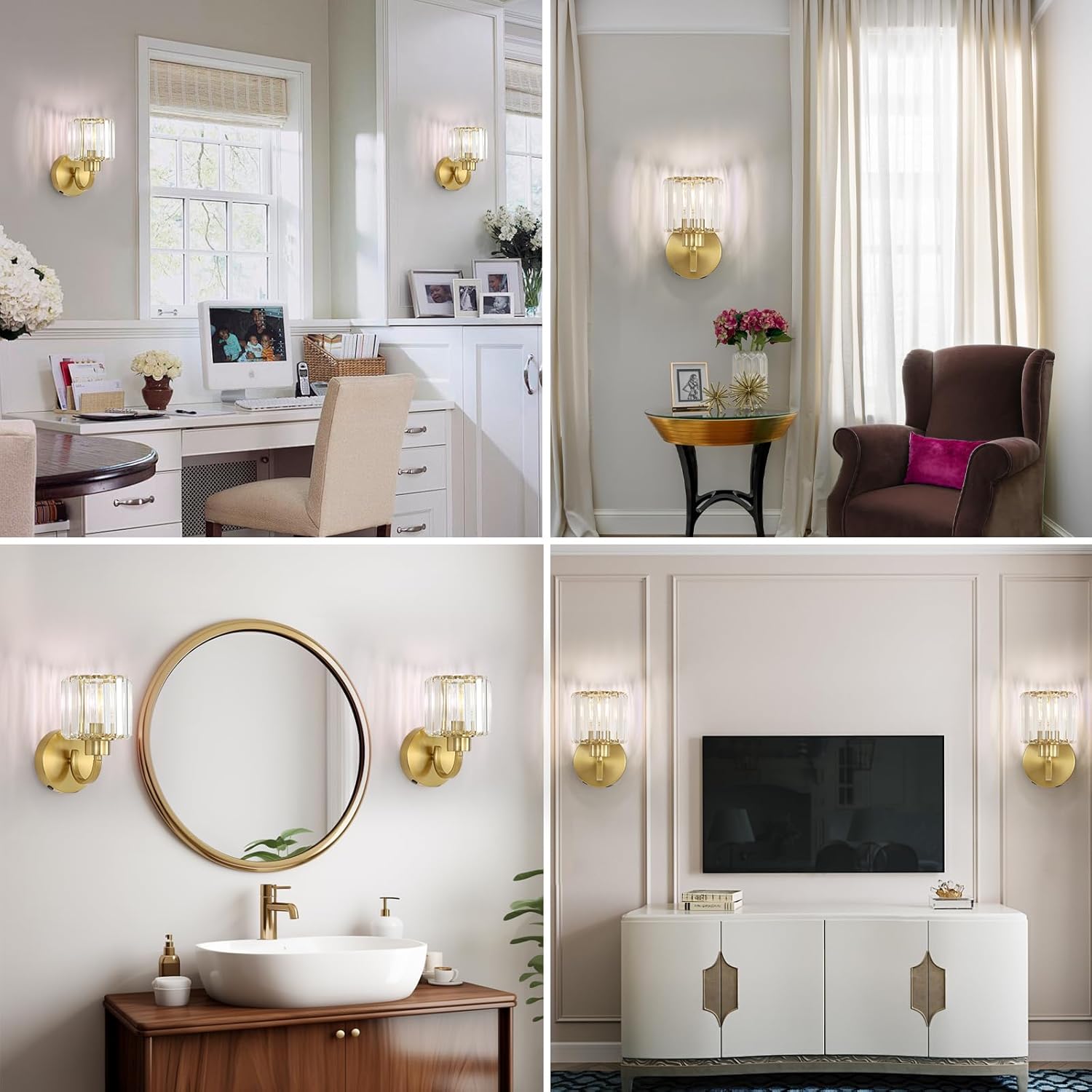 Crystal Battery Operated Wall Sconces Set of Two Gold Rechargeable Wall Sconces with Remote Control LED Dimmable Wall Lights for Living Room Hallway (2 Pack)