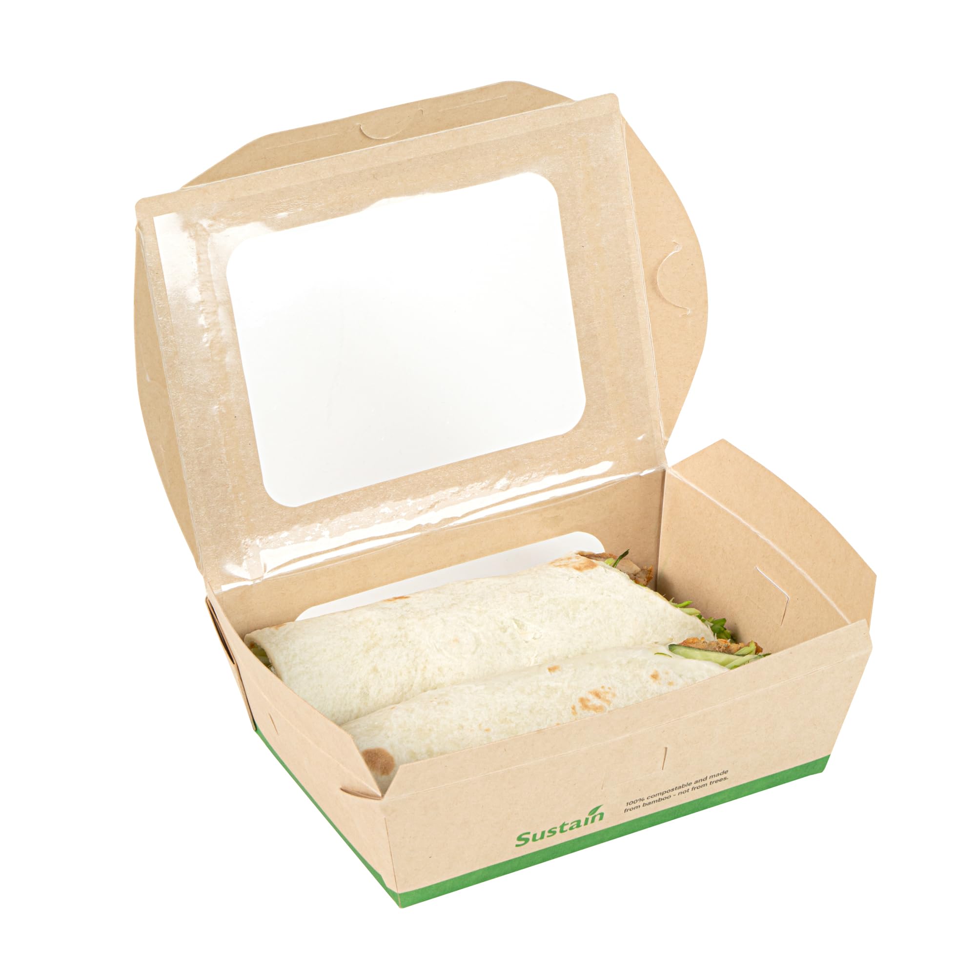 Restaurantware - Cajas de papel resistentes de 28 onzas, 50 recipientes desechables para alimentos, con forro de ácido poliláctico, dos ventanas transparentes de ácido poliláctico, contenedores de