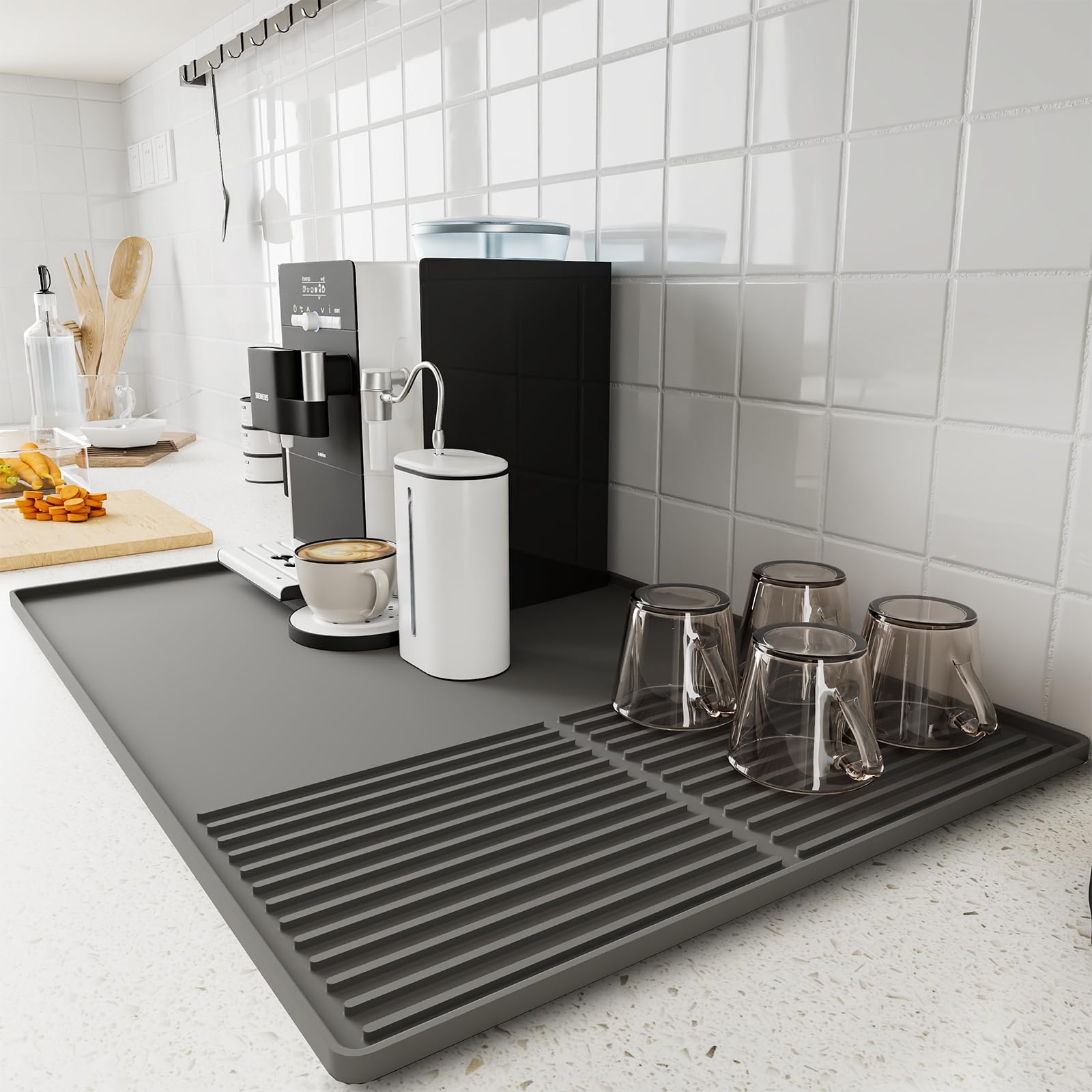 Silicone Coffee Mat with Raised Edges, 61x40.5x1.1cm Coffee Bar Mat for Countertops, Coffee Bar Accessories Fit Under Coffee Maker Espresso Machine, Dish Drying Mat (GREY, 61x40.5x1.1cm)