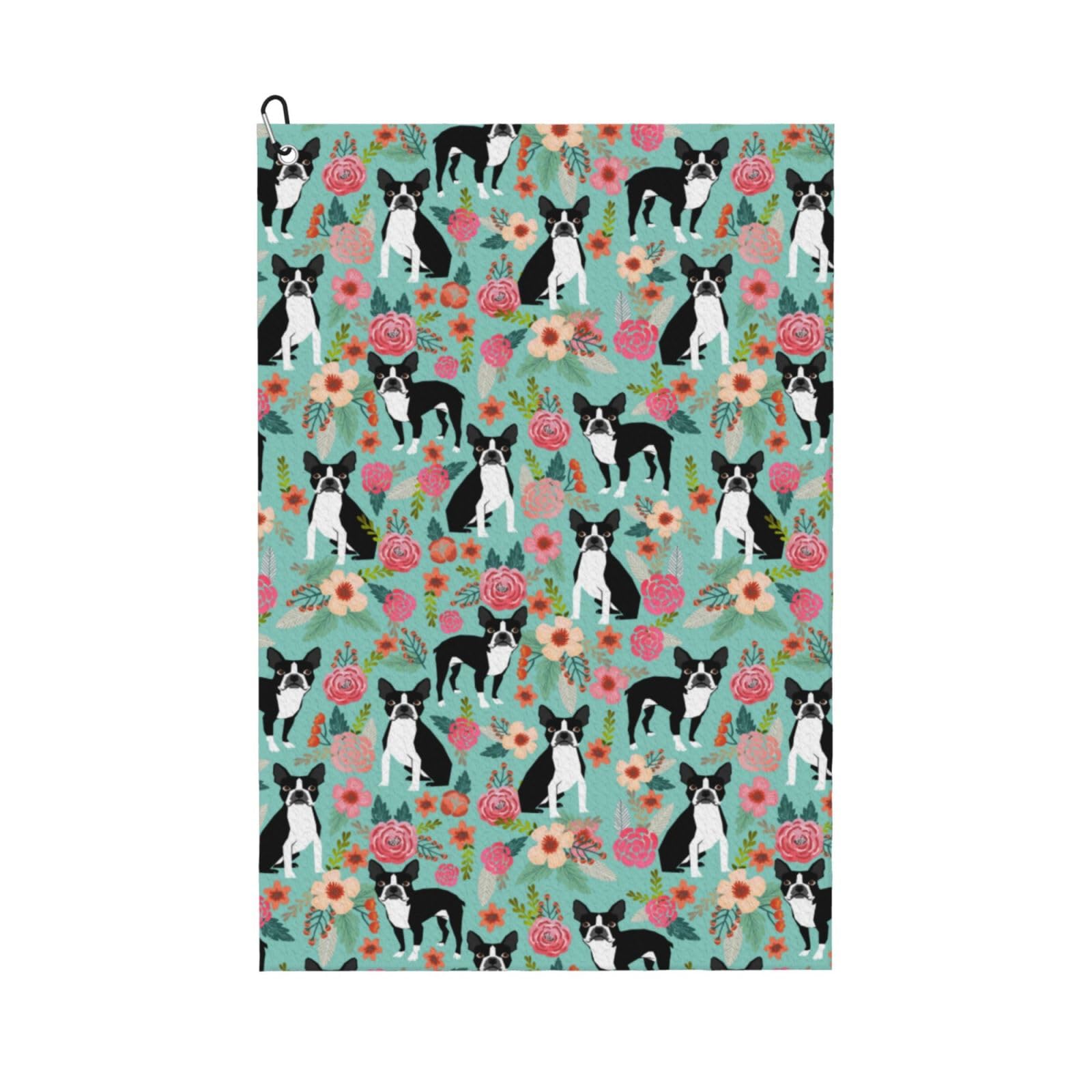 Hnnkloy Boston Terrier With Flowers, 16x24 in Portable Waffle Golf Towels with Carabiner Clip for Golf Bag