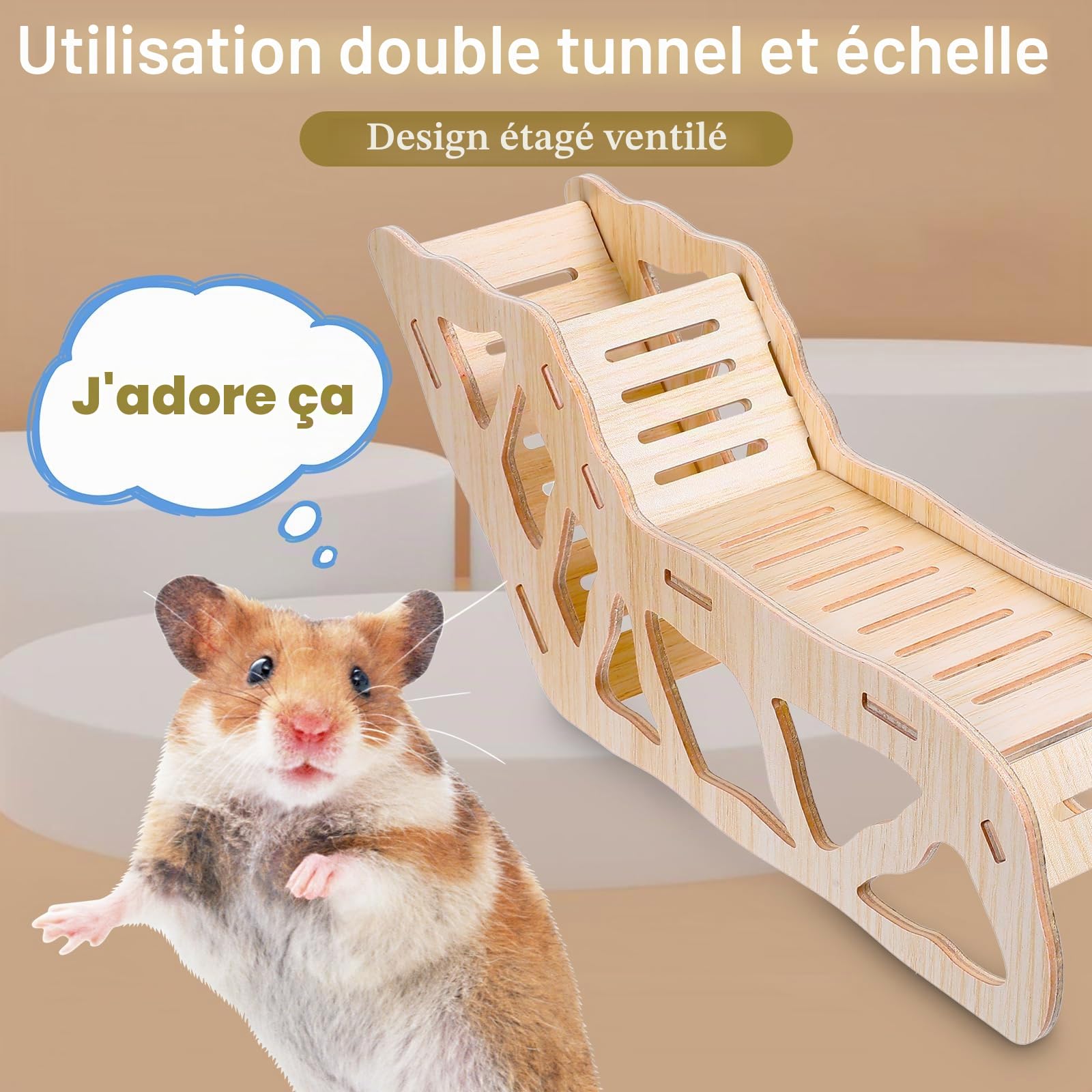 HJZHI Cachette polyvalente pour hamster et tunnel d'exploration, maison de hamster avec échelle d'escalade en bois pour gerbilles, hamsters, petits accessoires pour animaux de compagnie