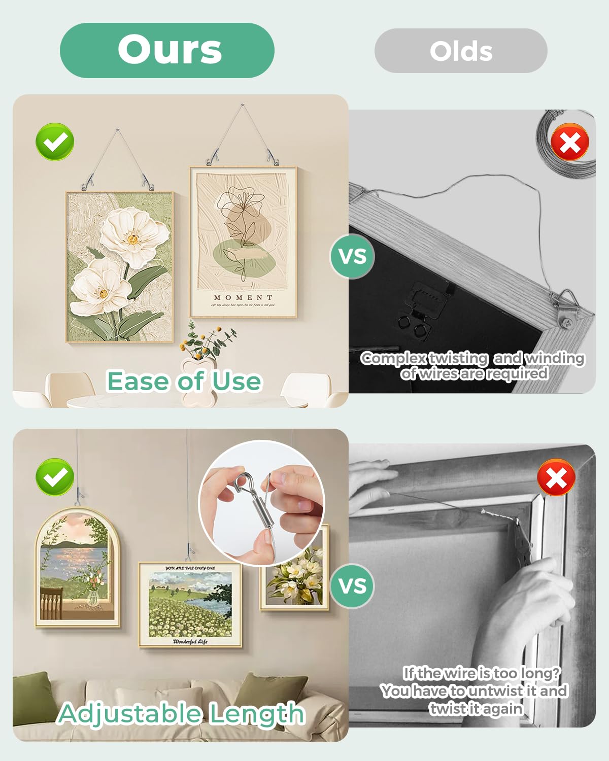 Adjustable Picture Hanging Wire, 2PCS 1m x 1mm Small Hooks + 2PCS 2m x 1.5mm Large Hooks Picture Frame Wire Kit Heavy Duty up to 100lbs, Stainless Steel for Mirror, Light, Flowerpot