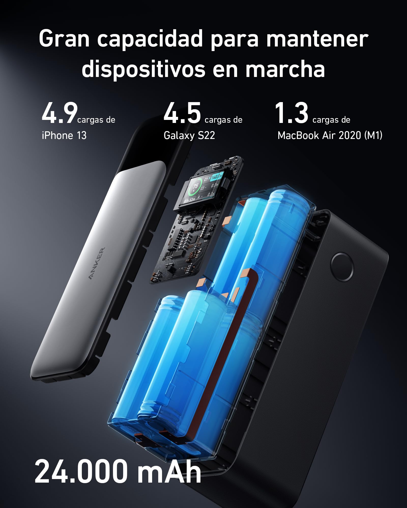 Anker Zolo Power Bank 25.000mAh 165W con Tres Puertos USB C | apto para avión, cables integrados y retráctiles, para iPhone 17/16/15 y MacBook
