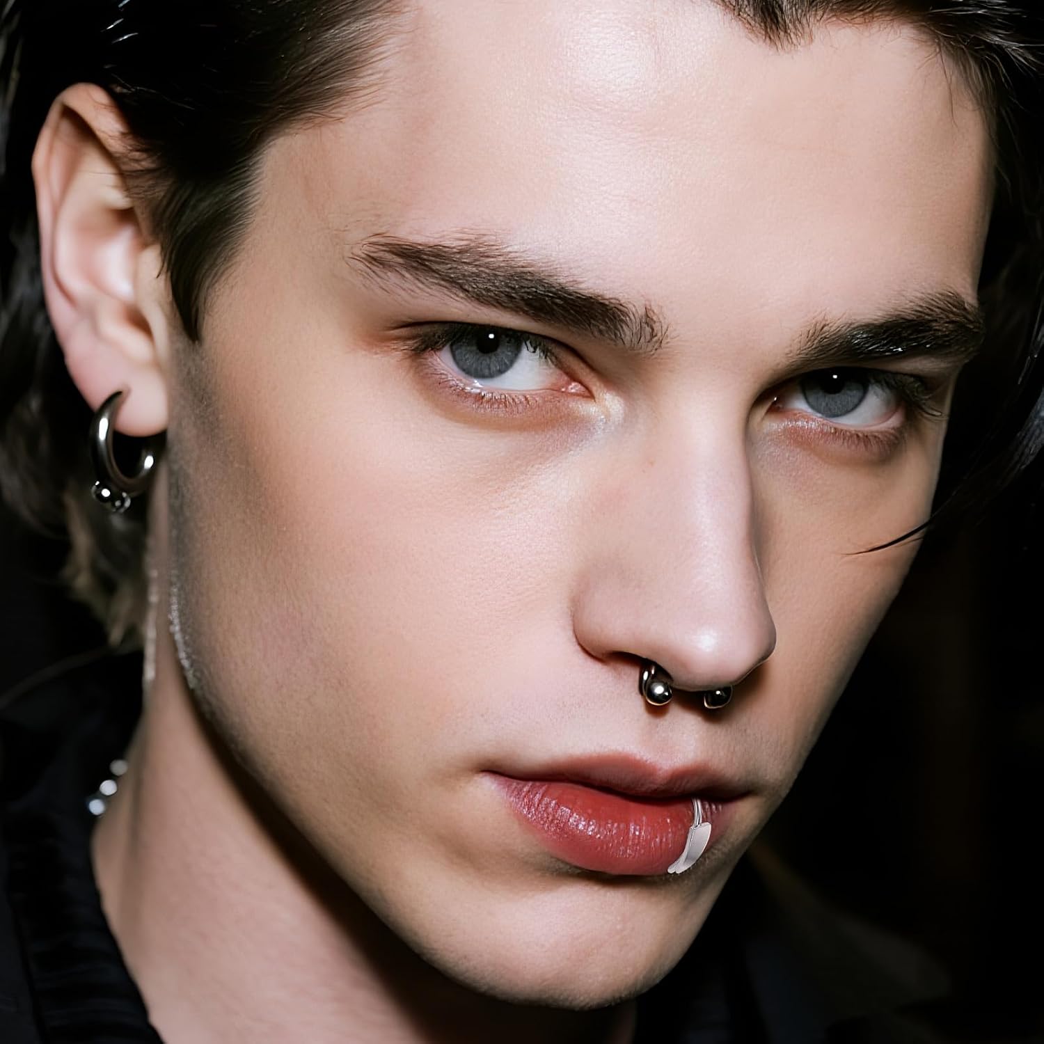 3 Pair Silver Fake Lip Piercing Fake Snake Bite Non-Piercing Lip Cuff Stainless Steel Vampire Teeth Ring Double Hoop Snakebite for Women Men Halloween Jewelry