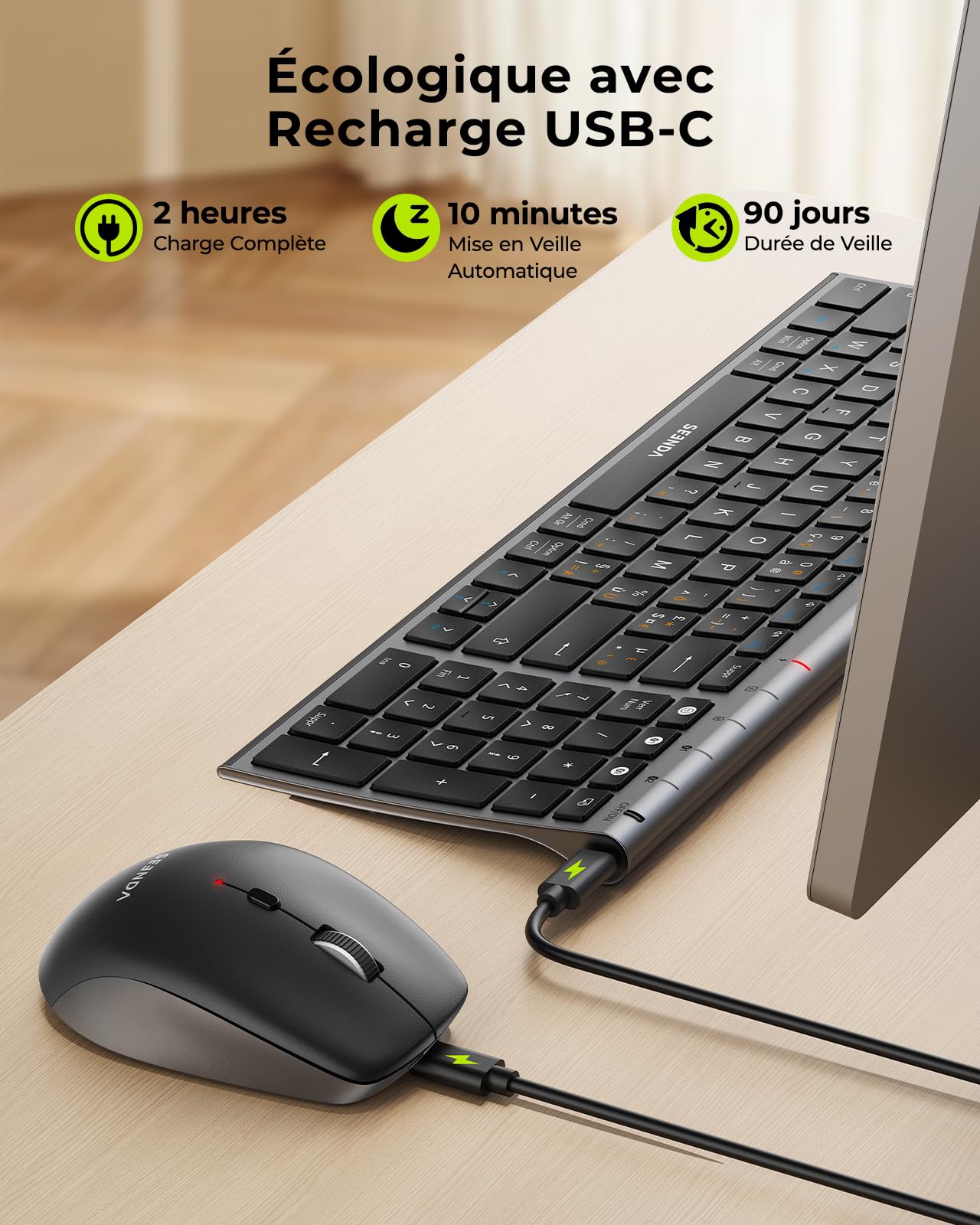 seenda COE401 Clavier Souris sans Fil Bluetooth AZERTY, Noir Gris | Connexion Multi-Appareils, Rechargeable, Ultra-Fin, Silencieux, Souris 4 Niveaux DPI, Compatible Windows/Mac/iPad/Android