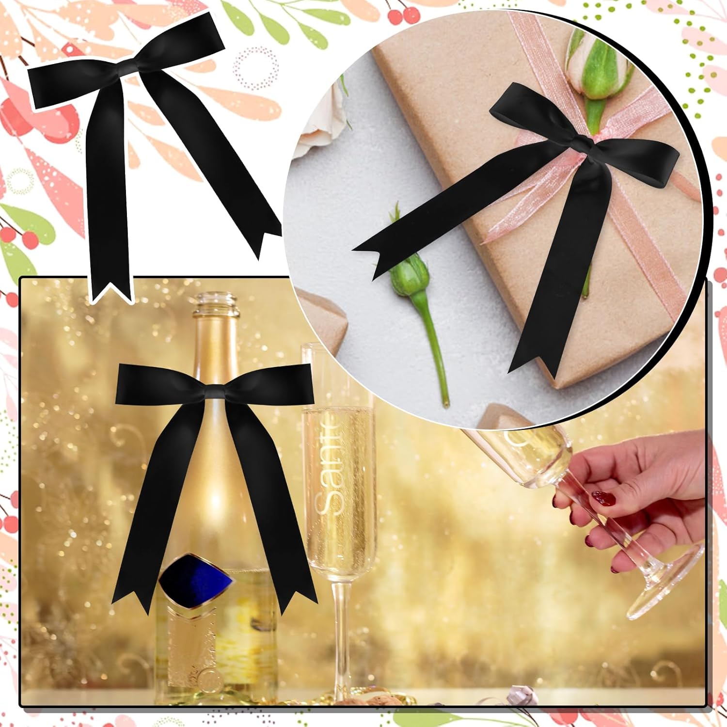 50 Pcs Twist Tie Bows 5x7 Inch Satin Ribbon Bows, Thin Ribbon Bow for Valentines Day Gift Wrapping Champagne Bottle Cake Decorations DIY Gift Wedding Baby Shower Birthday Party (Black) - Image 5