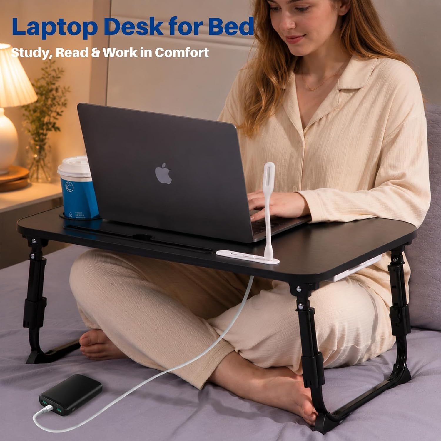 BYMECOST Laptop Desk for Bed, Height Adjustable Laptop Bed Table, Foldable Portable Lap Desk Stand with USB/Storage Drawer/Cup Holder/Slot, Breakfast Tray for Working Reading Writing Eating image 2