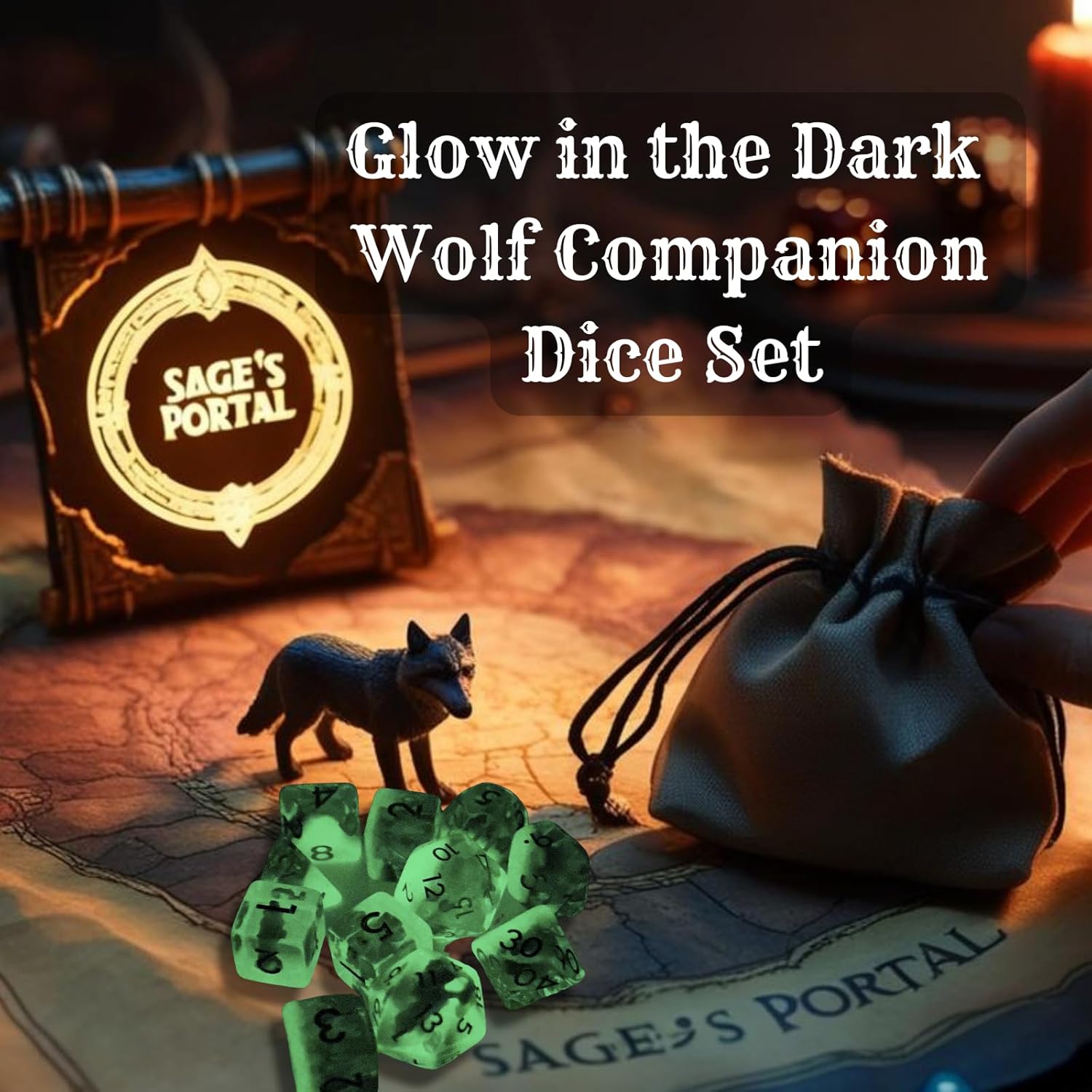 Sage’s Portal Exclusive Designer DND Dice Set – Sage’s Animal Companion Wolf Pup Glow in The Dark Round Edge Resin 11-PC Polyhedral DND Dice Set