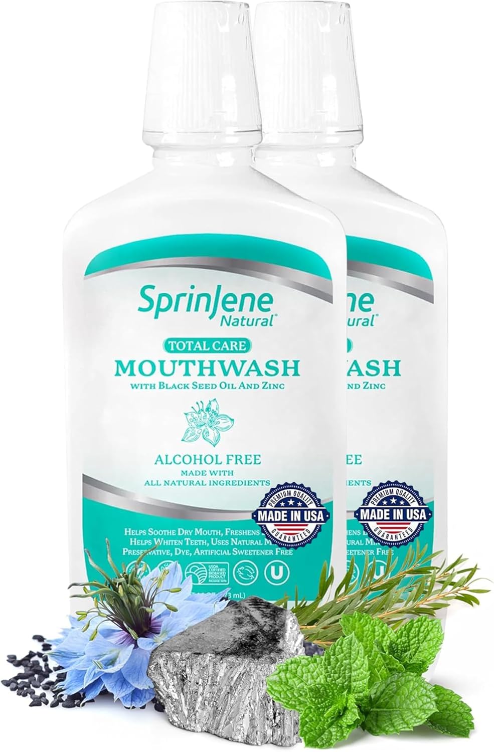 SprinJene Alcohol Free Mouthwash with Xylitol – Fluoride Free Natural Mouthwash for Dry Mouth, Whitening & Fresh Breath – Patented Black Seed Oil & Zinc Formula – Vegan & Made in The USA (2 Pack)