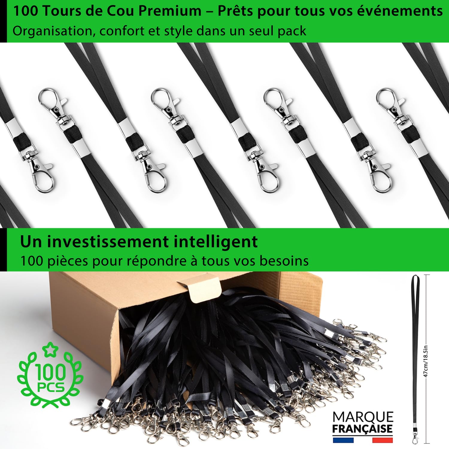 Tour de Cou Porte Badge Noir - Lot de 100 - Garantie | Lot de 100, Garantie