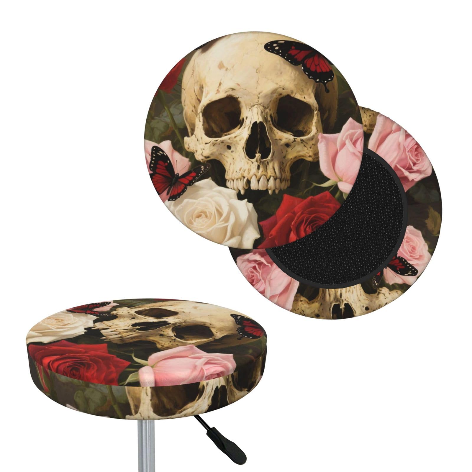 FekiLoot Rose Skull Round Bar Stool Covers Stretch Washable Bar Stool Covers Dustproof Slipcover Bar Chair Covers with Elastic Band for Bar Kitchen Living Room Decor 12 Inch