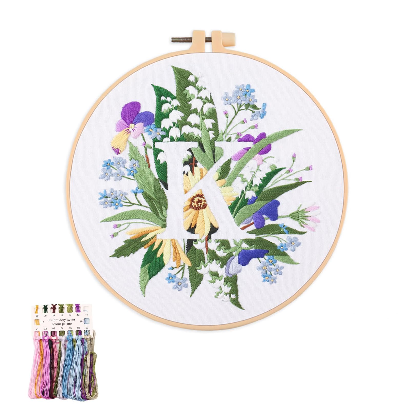 artcici Embroidery Kits Plant Flower Leaf English Letter Patterns for Beginners Adults, Full Range Embroidery Starter Kits Cross Stitch Needlework Supplies (Letter K)