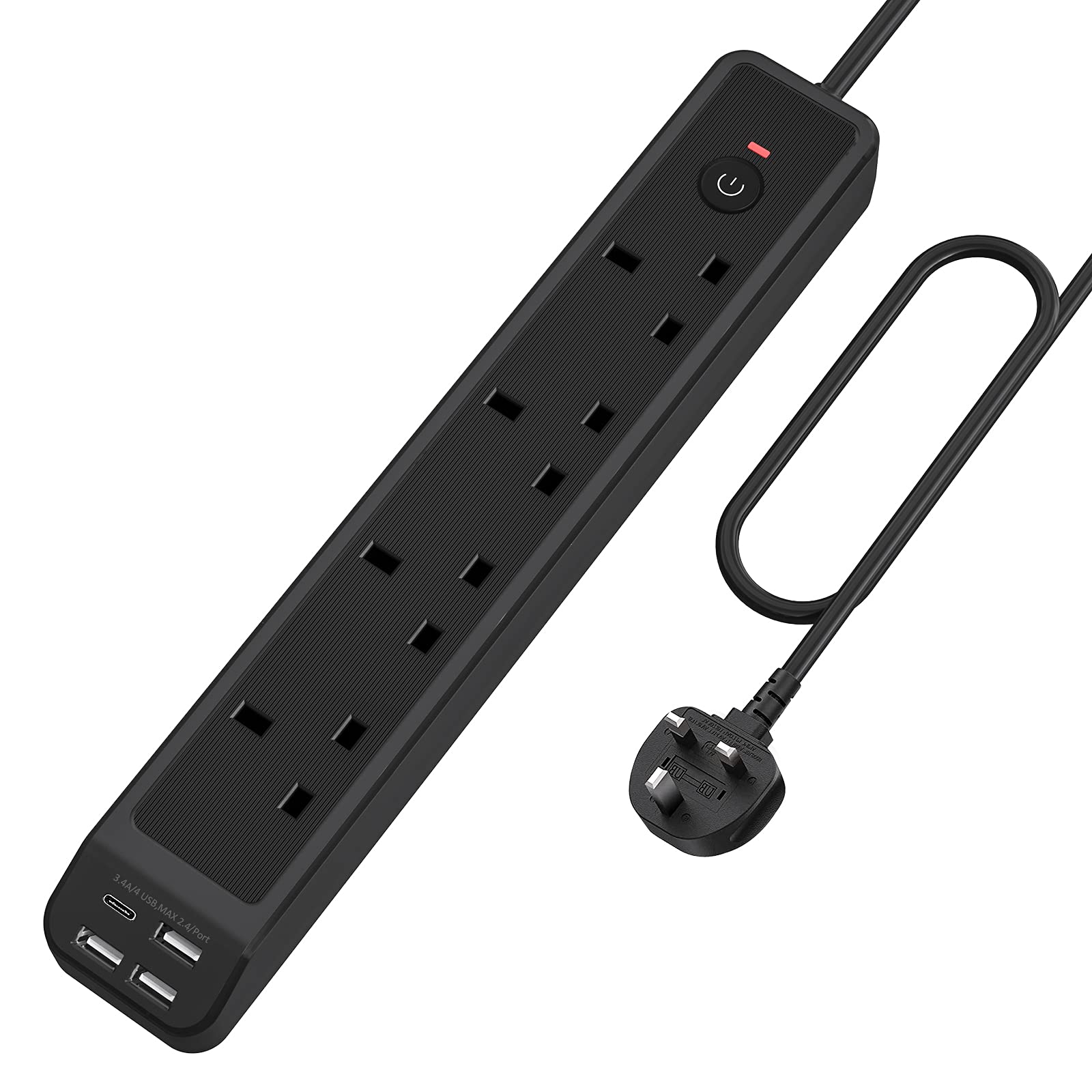Extension Lead, 4 Way Plug Socket with 4 USB Ports (1 USBC and 3 USBA