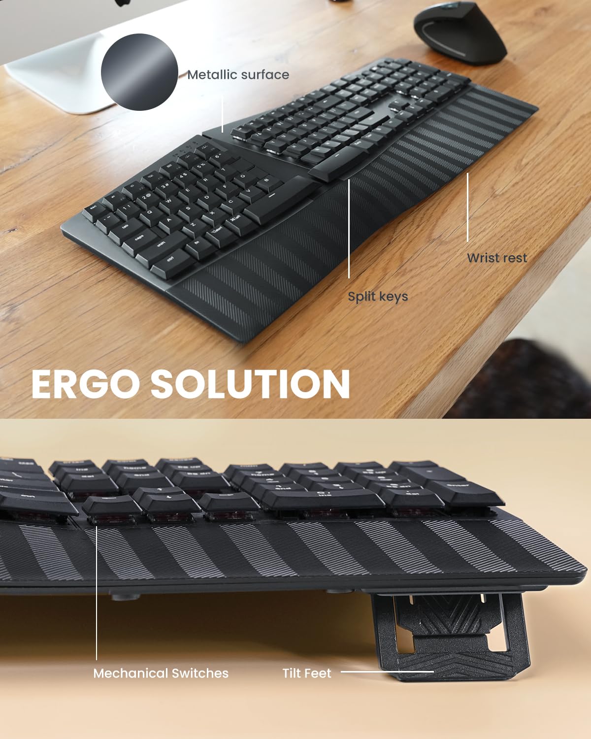 Perixx PERIBOARD-535BL Ergonomische kabelgebundene mechanische Tastatur, volle Größe, diskrete Blaue Klickschalter, kompatibel mit Windows und macOS
