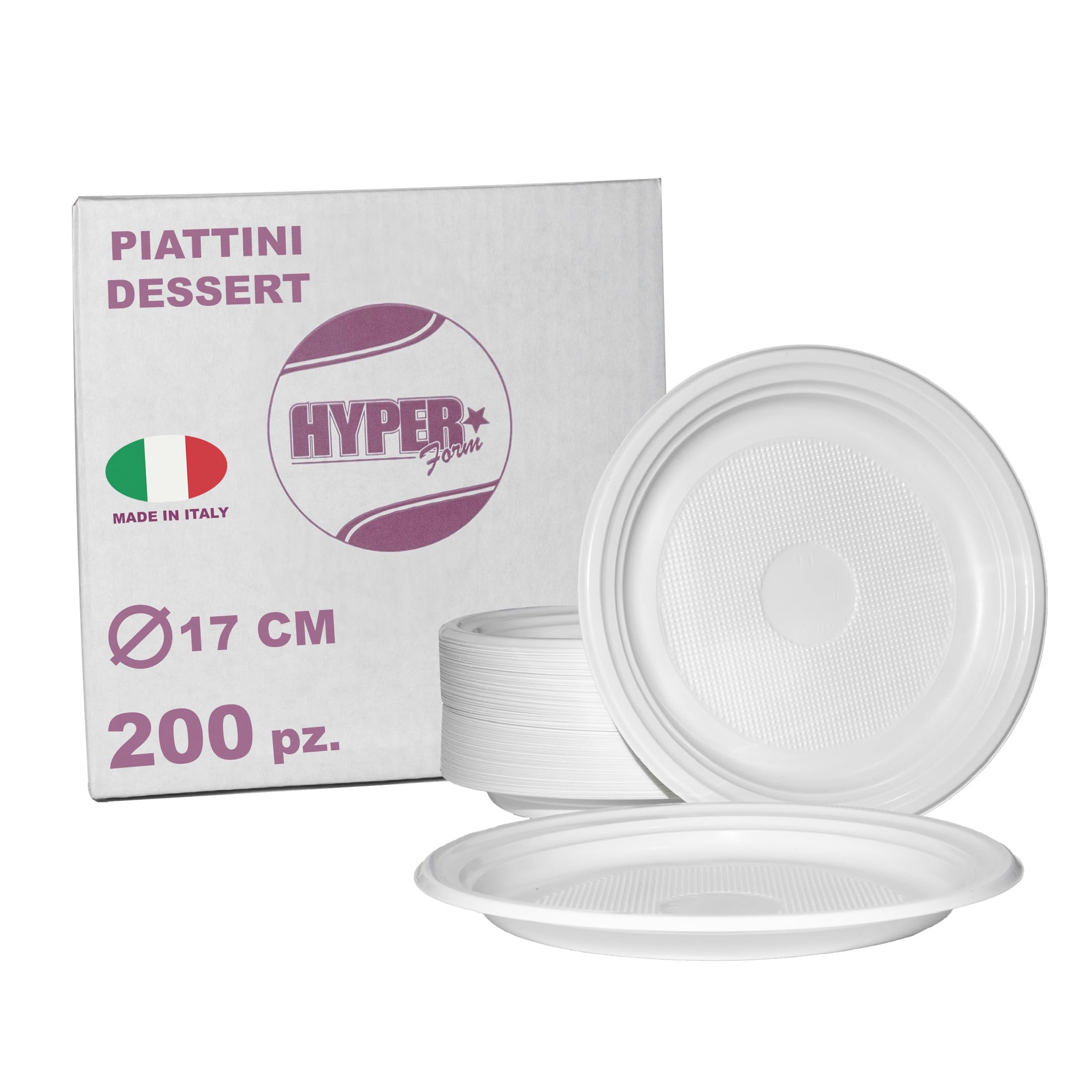 Hyper Form - 200 Piatti Dessert di Plastica Riutilizzabile Rigida, Lavabili 20 Cicli in Lavastoviglie