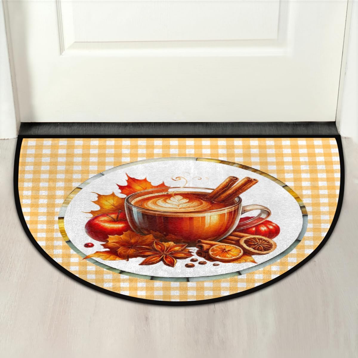 Autumn Coffee Stripes Half Round Door Mat Indoor Entrance Washable Half Circle Area Rugs Non Slip Half Moon Rug Semi Circle Bathroom Rugs Floor Carpet for Kitchen Bedroom Fireplace Decor