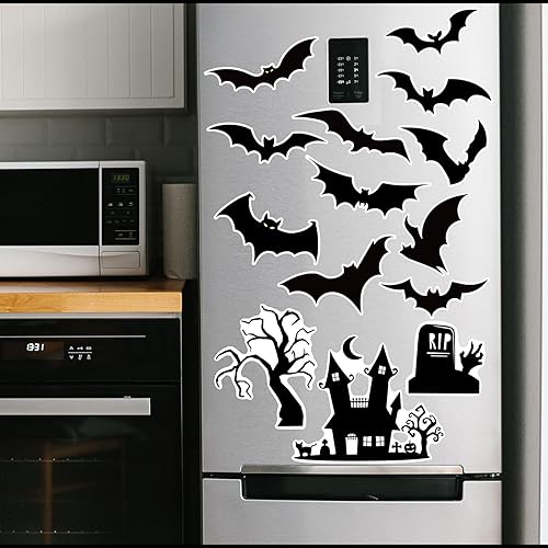 Miniatura 6 de Whaline 16 imanes de Halloween para refrigerador, diseño de murciélago negro, calcomanías decorativas para armario, casillero, garaje, puerta,