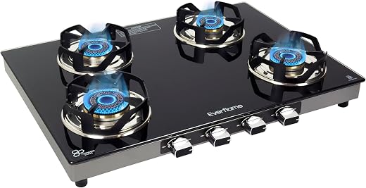 Everflame Atlas 4 Burner Gas Stove | Ultra-Premium 8mm Toughened Glass Top | Euro-Coated Pan Support | LPG Ready & PNG Convertible | Manual…