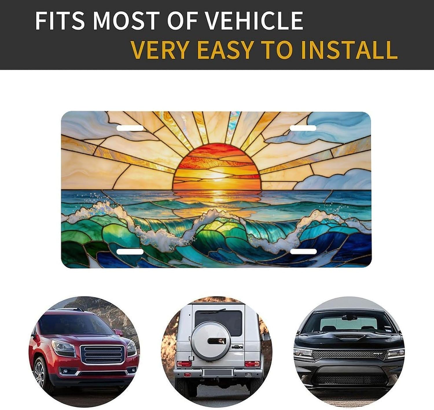 Stained Glass Ocean Beach License Plate,Front Decorative License Plates with 4 Holes, Aluminum Vanity Tag, Waterproof Rustproof Front Car Plate, Universal Fit Auto Accessory for Men Women, 6x12 Inch