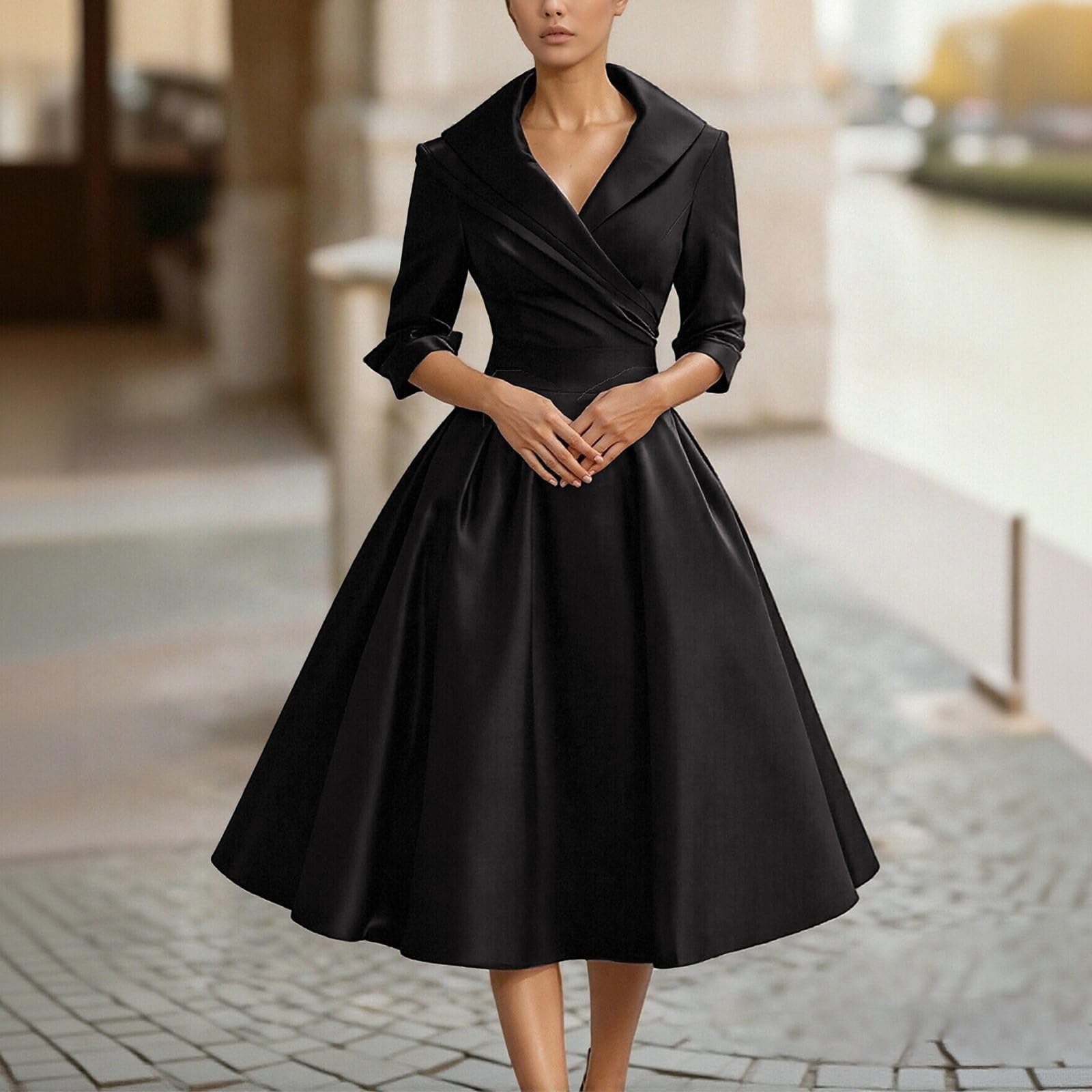 Damen Vintage Cocktailkleid im 50er Jahre Stil - Elegantes A-Linien Kleid mit Schalkragen | Festliches Swing-Kleid für besondere Anlässe