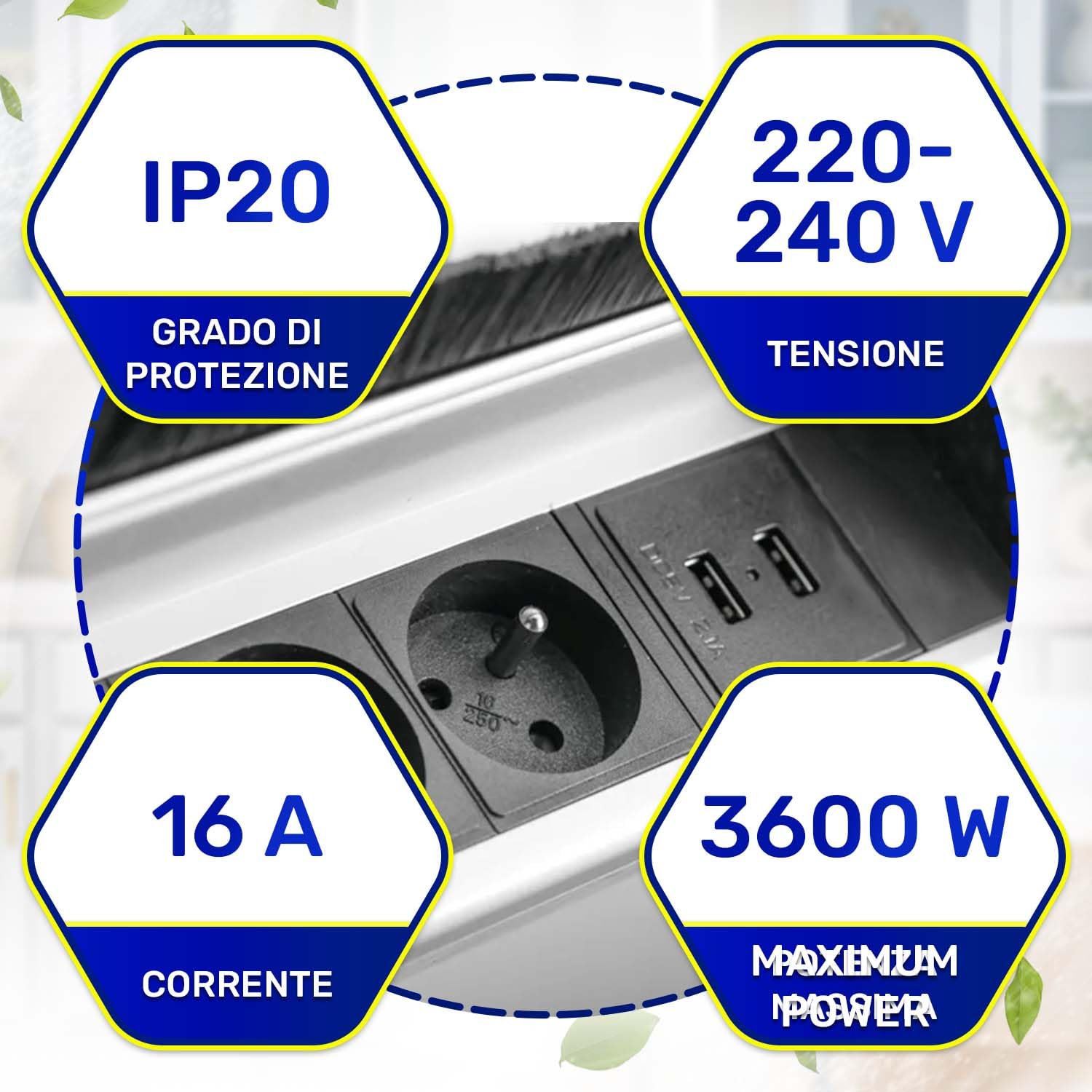 Presa a Scomparsa Top Cucina 291x158 mm con Cavo di Alimentazione da 1,5 m - Presa da Incasso per Mobili 3 x Schuko e 2 x USB 5V/2,1A - Garanzia 10 Anni - MONTERAL
