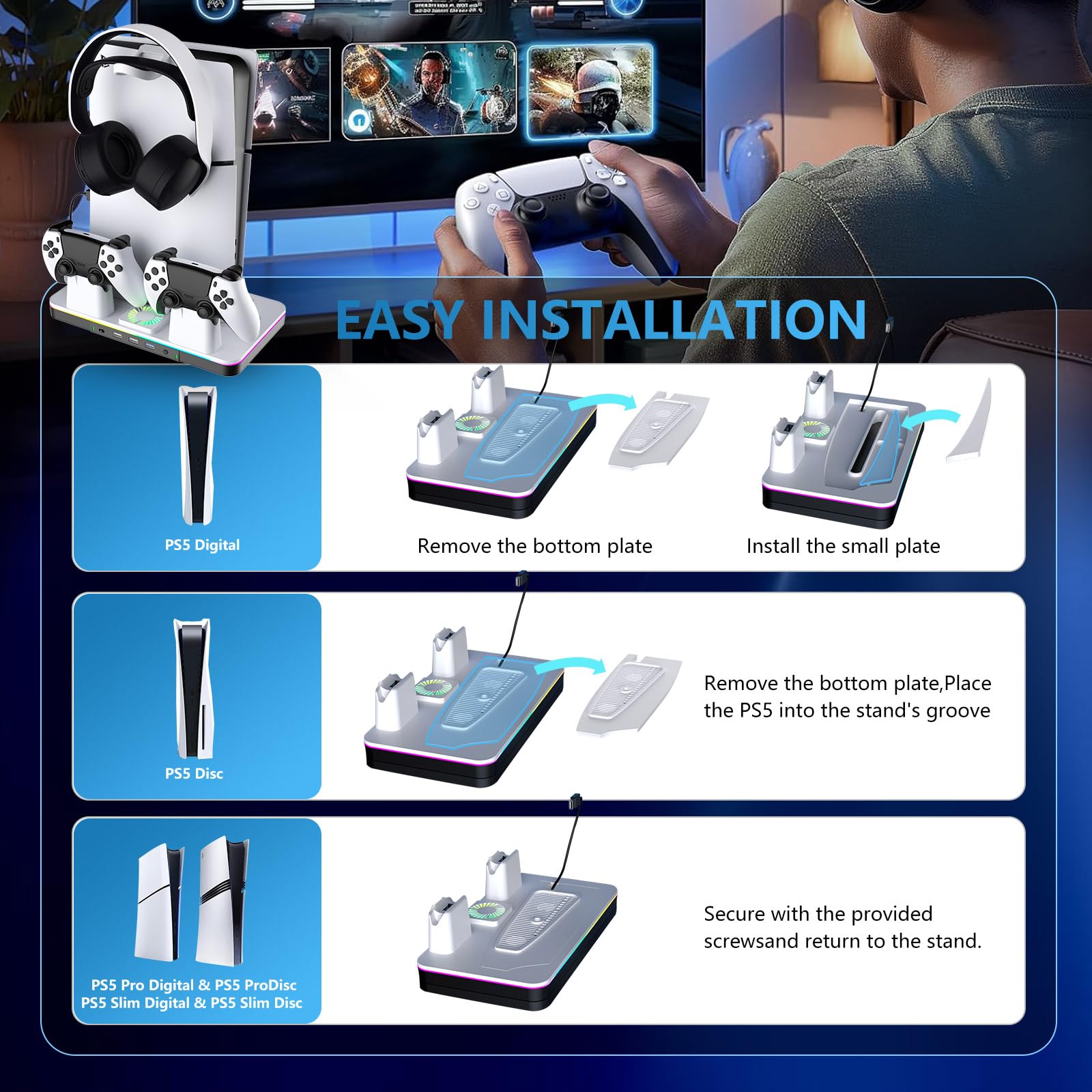G-STORY PS5 Pro/Slim Stand Stazione di raffreddamento con ventola e stazione di ricarica per controller per console digitali a disco Playstation 5, accessori PS5 3 Hub USB, supporto per cuffie