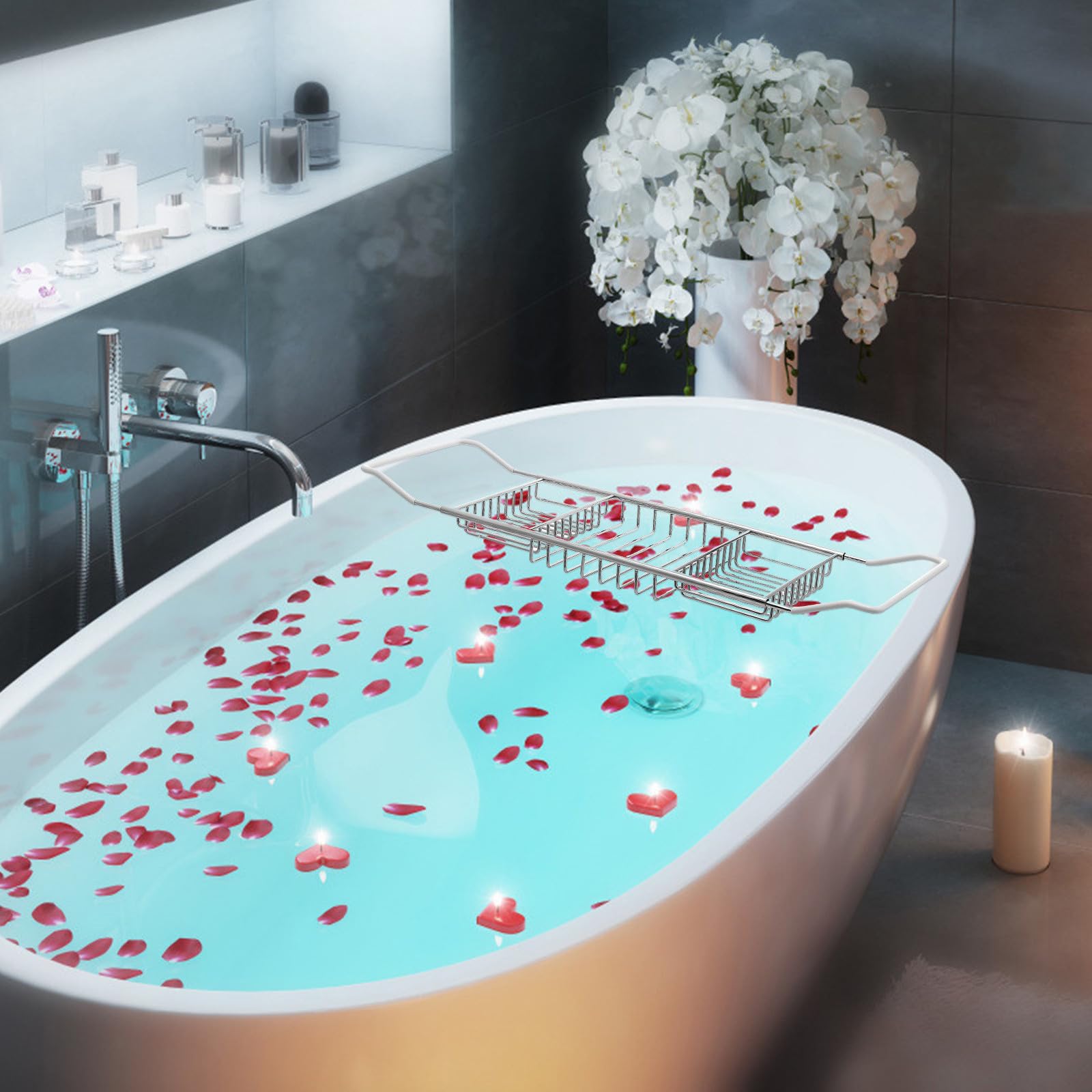 Bandeja de Baño Extensible de Acero Inoxidable Soporte Antideslizante para Bañera, Organizador para, Bebidas y Dispositivos, Adecuado para Uso en Bañeras, Plateado