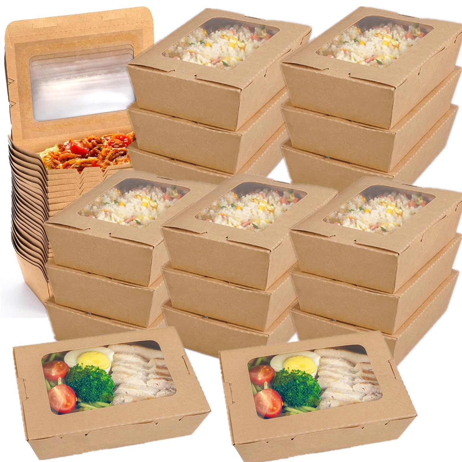 Paquete de 50 recipientes de comida para llevar con ventana, cajas de papel kraft de 40 onzas para microondas, recipientes plegables para repostería para catering, restaurantes, fiestas