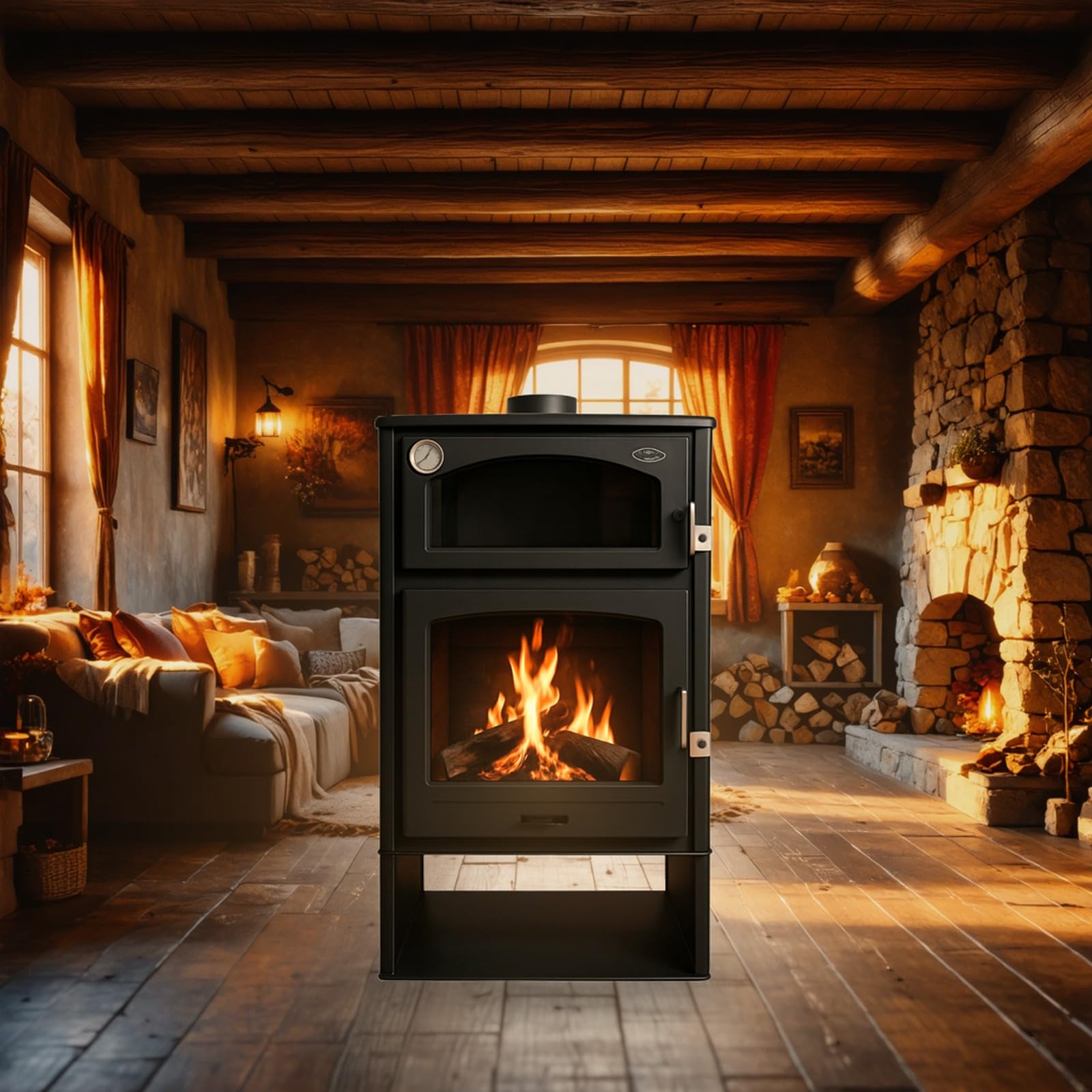 EIDER BIOMASA Estufa de Leña con Horno ASTON – Chimenea de Leña Interior – 10,2 kW (máx. 13,1 kW) – Rendimiento 78% – Hasta 255 m³ – Doble Combustión – Certificada CE