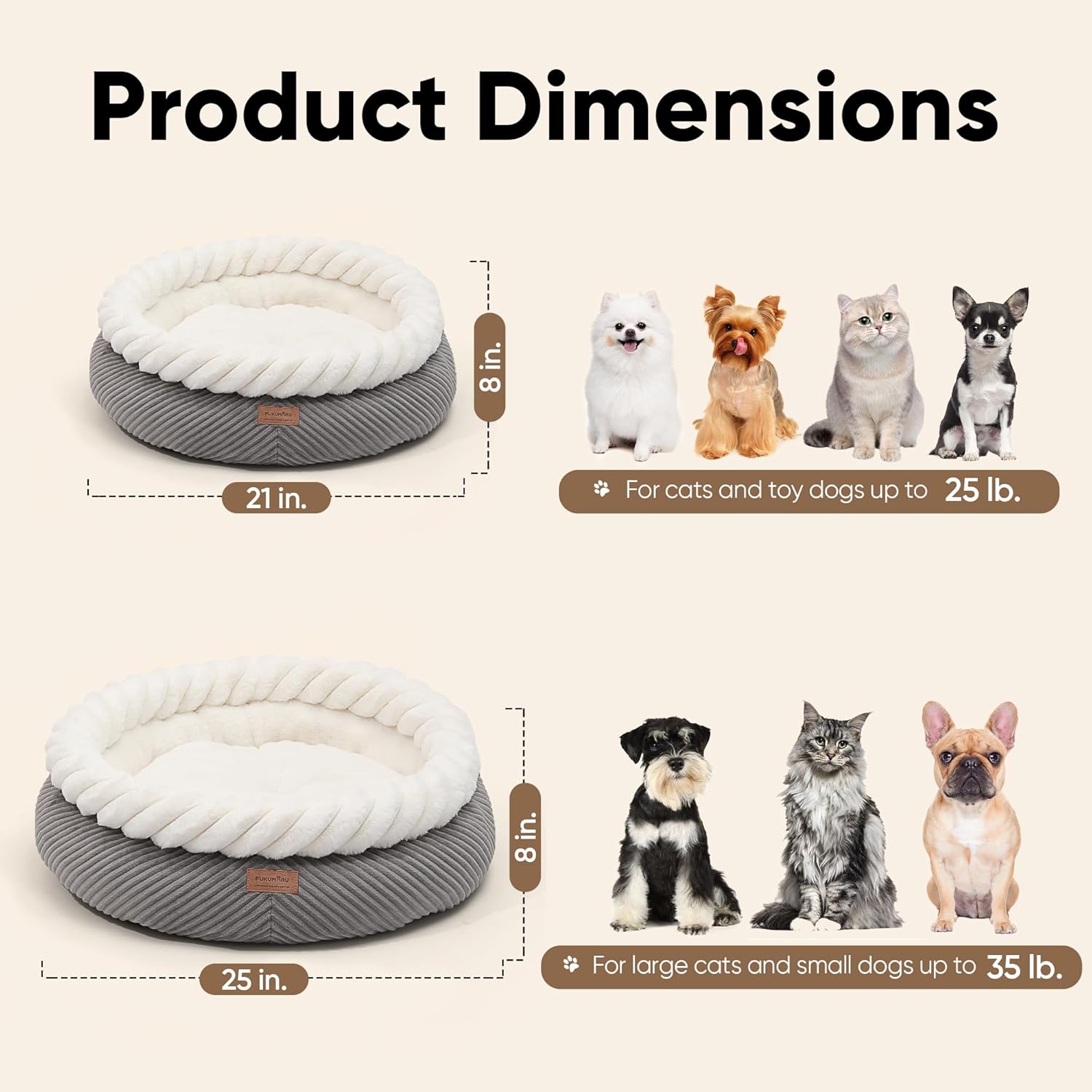 FUKUMARU Dog Bed, Calming Donut Dog Beds, Plush Faux Fur&Corduroy Cat Beds, Cute Round Washable Pet Bed for Large Cats and Small Dogs, Cat Cave with Anti-Slip Bottom, 25inch, Grey