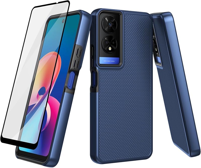 for TCL 50 XE 5G/NxtPaper Case Slim Cover, Screen Protector-Blue | Non Slip Texture Back, Dual Layer Silicone Bumper, Soft Rubber Hard Back Shockproof Protective, Comfortable Grip Sense