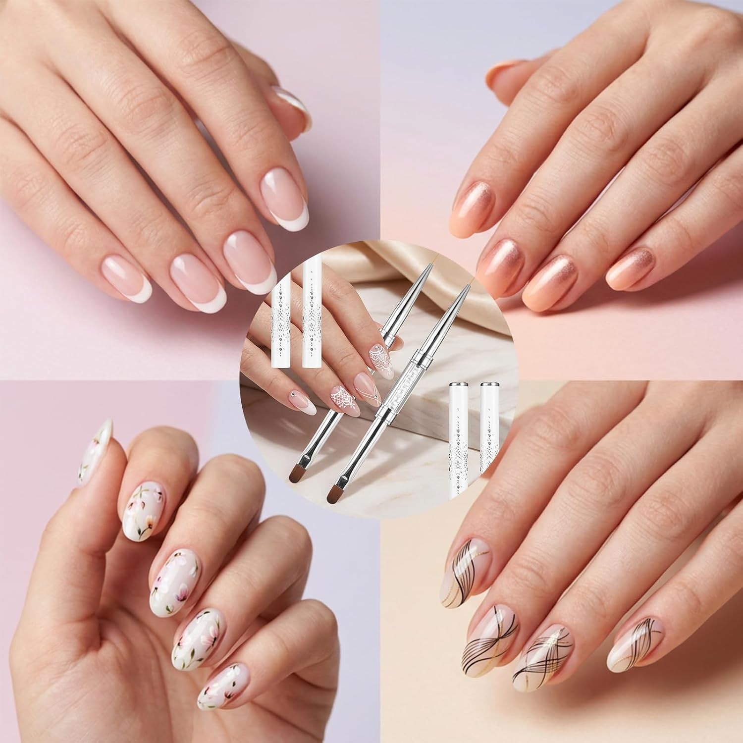 2Pcs Professional Hard Gel Nail Brushes, Dual-Ended Builder Gel Brush Set with Rhinestone Handle, Oval & Liner Brushes for French Tip, Acrylic & Polygel Application