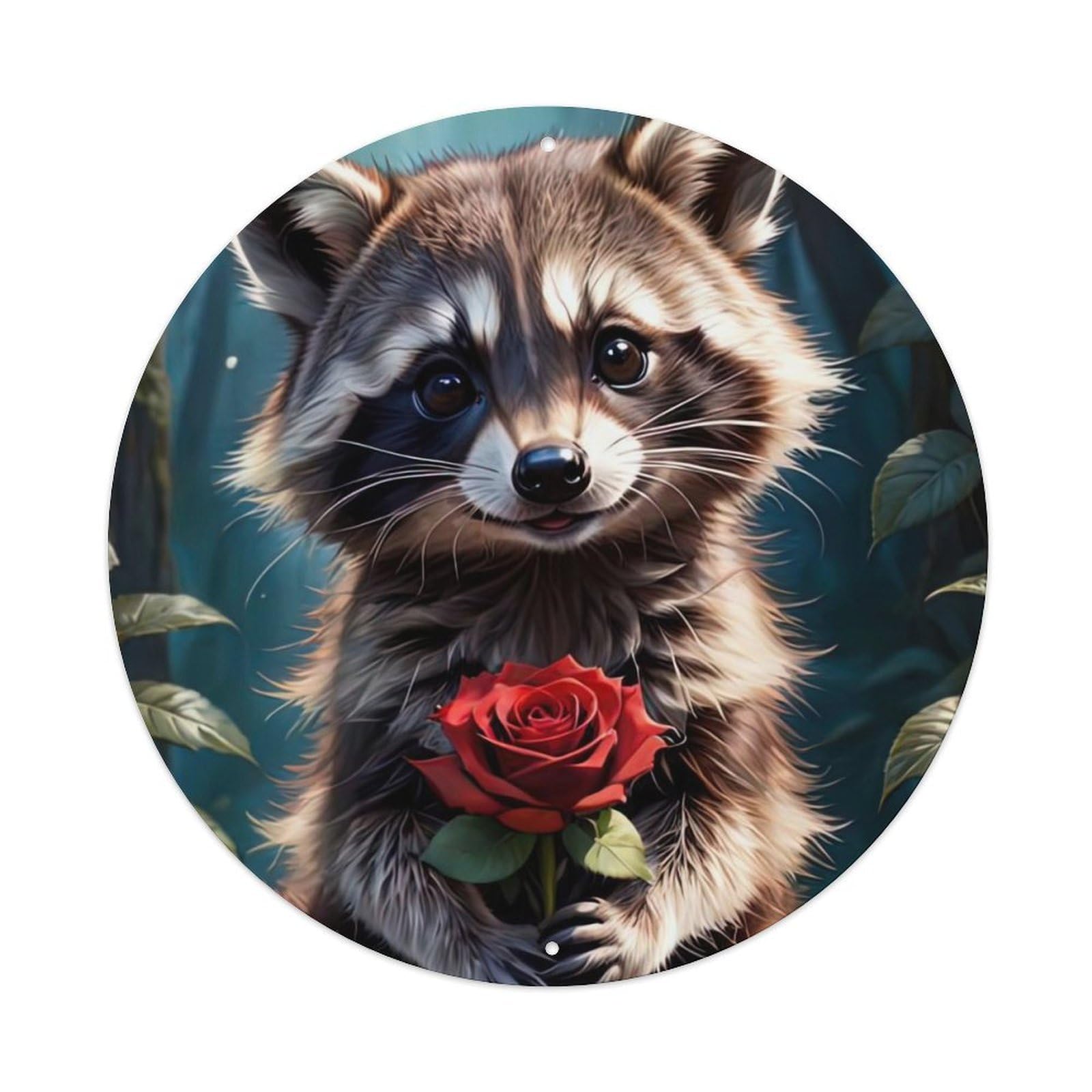 Wildlife Artwork Little Raccoon Holding Rose Metal Tin Sign