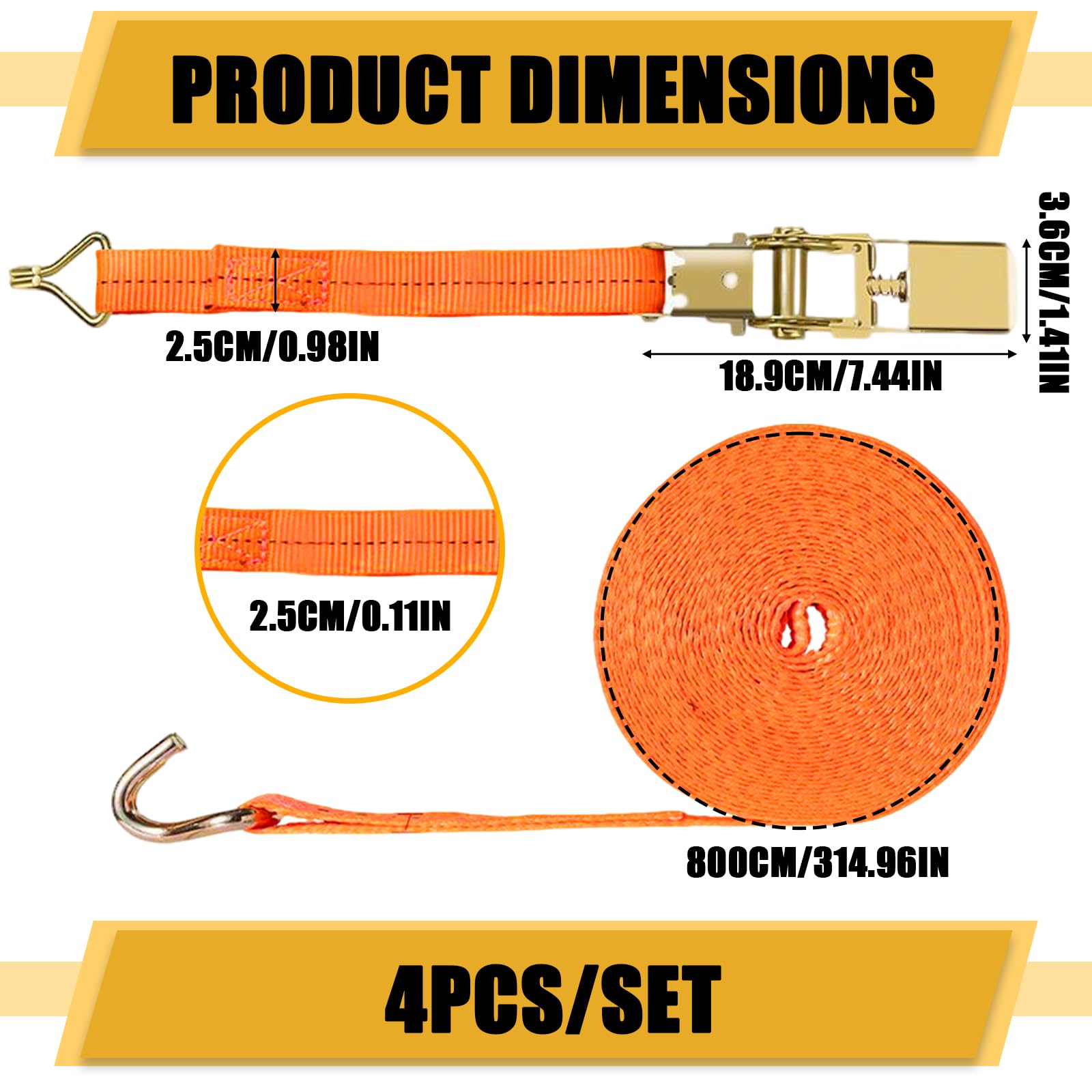 4 Pezzi Cinghie a Cricchetto Cinghie di Fissaggio Fasce a Cricchetto Cinghie di Ancoraggio Arancione Tensione con Cricchetto, 1000 kg Fissaggio (8M - gancio doppio) | 2T Capacità di Carico Certificato TÜV/GS Cricchetto e Doppio Gancio, Cinghie a Cricchett