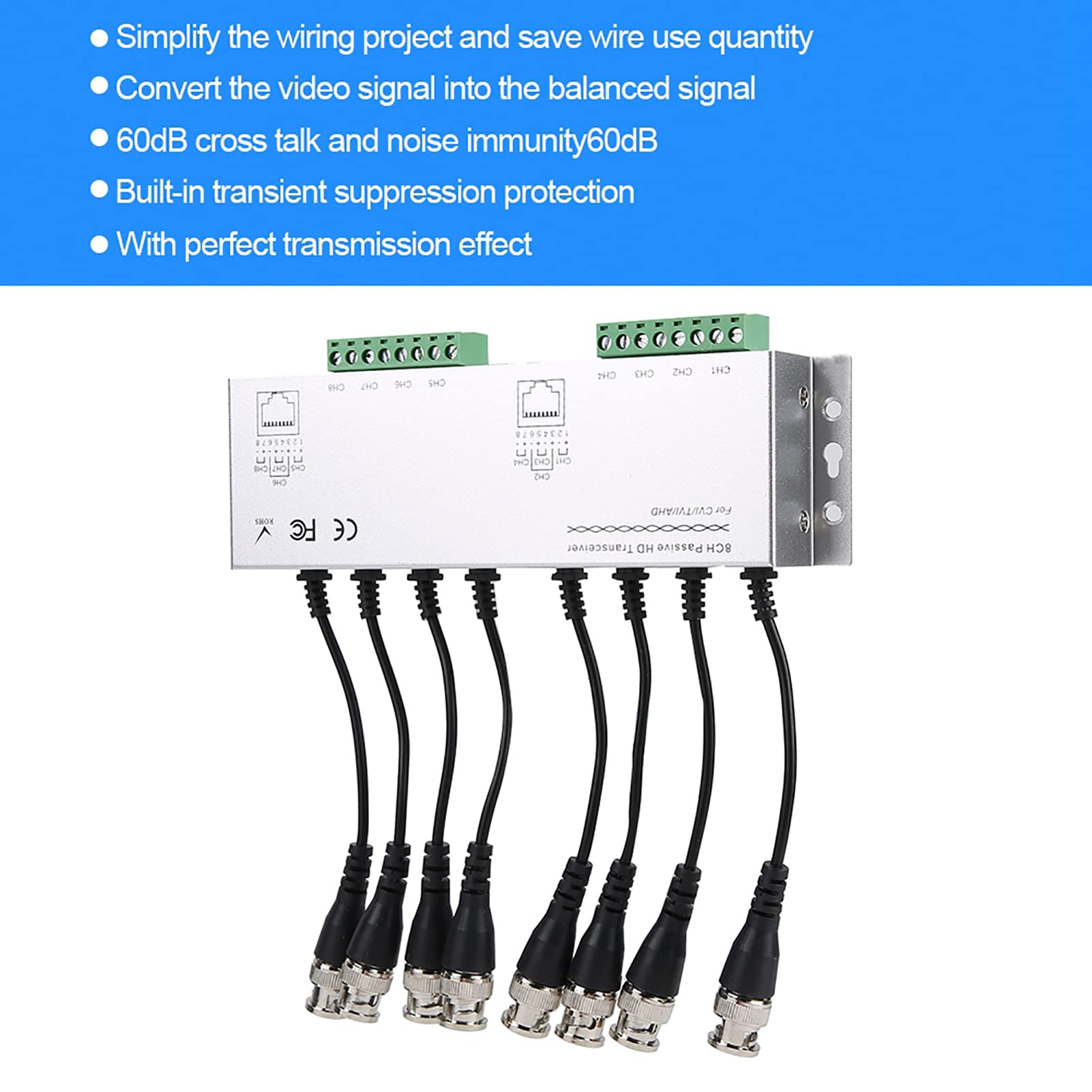Video Balun, Video Balun Passivo 8CH, Adattatore Ricetrasmettitore Cavo BNC Maschio a UTP per Videoconferenze di Videosorveglianza
