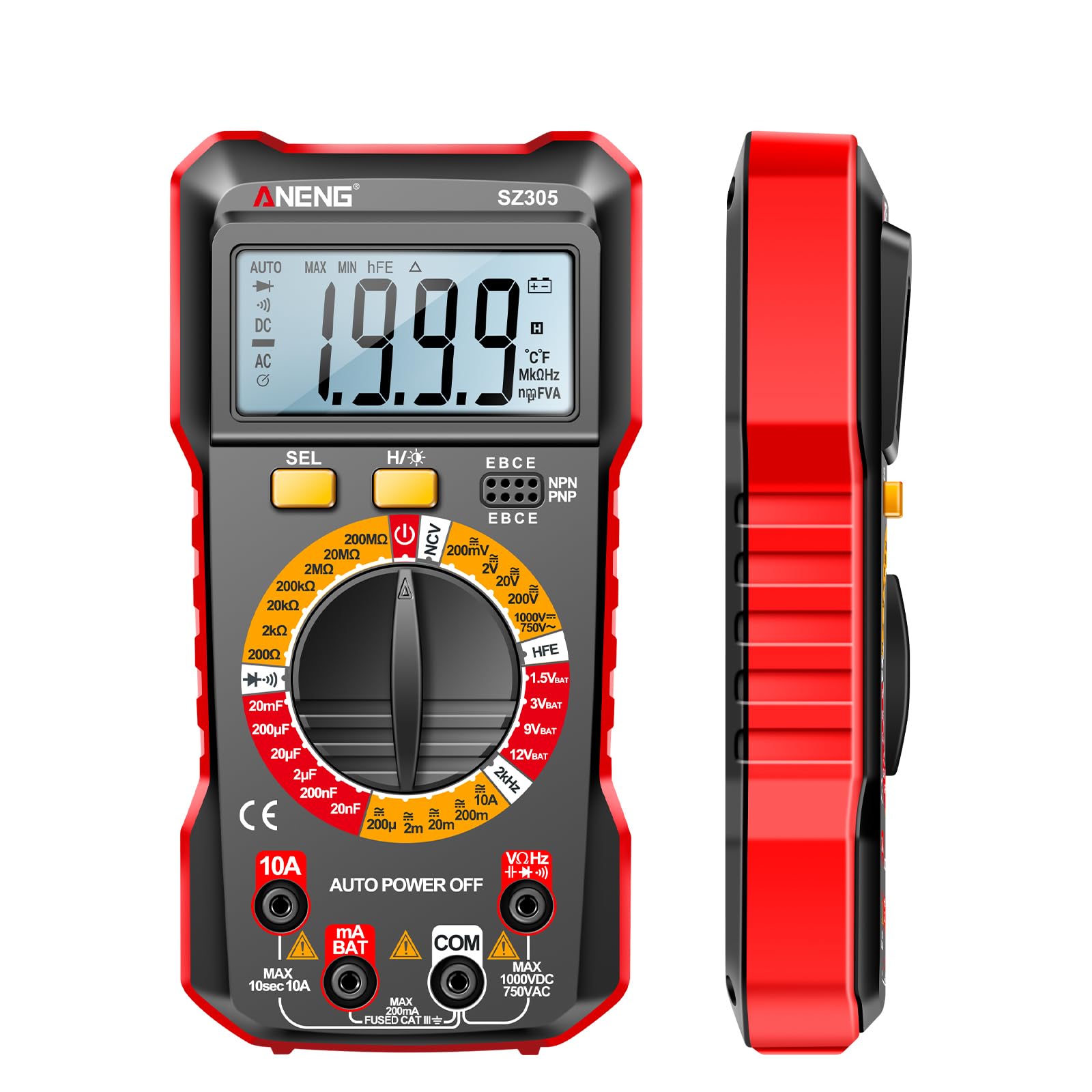 SZ305 Multimeter Capacitor Testers Professional 1999 Counts Smart Voltmeter Ohm Meter Fast Accurately Measures Voltage Current Resistance Capacitor Frequency Diode hFE
