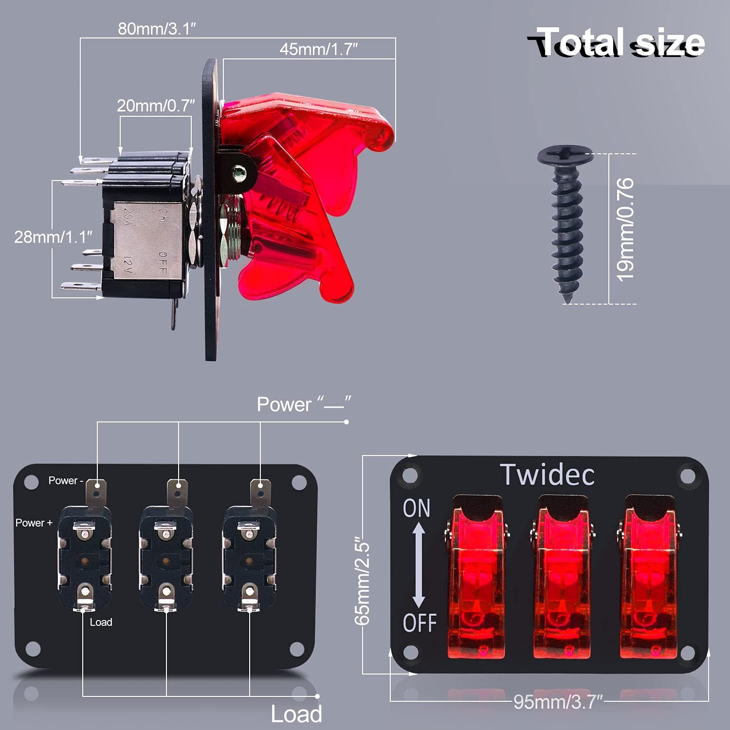 Twidec/3 Gang Rocker Toggle Switch Panel With 12V LED Light Toggle Switch 20A Heavy Duty Racing Car SPST 3Pin ON/OFF Red LED Illuminated Switch Plate And Red Waterproof Safety Cover ASW-07DRRMZ-BZ