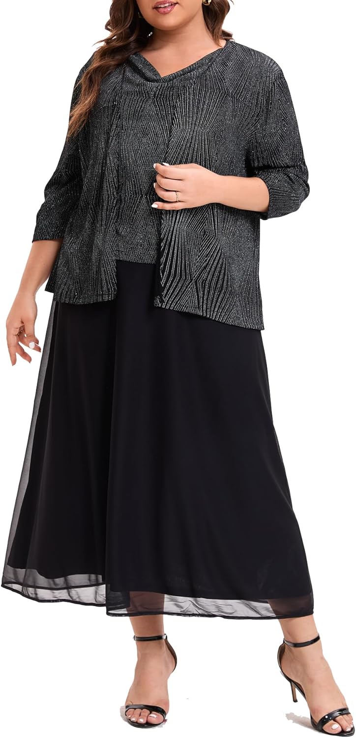 Women's Plus Size Mother of The Bride Suits Tea Length Glimmer Jacket Dress Set Formal Evening Gowns - Image 2