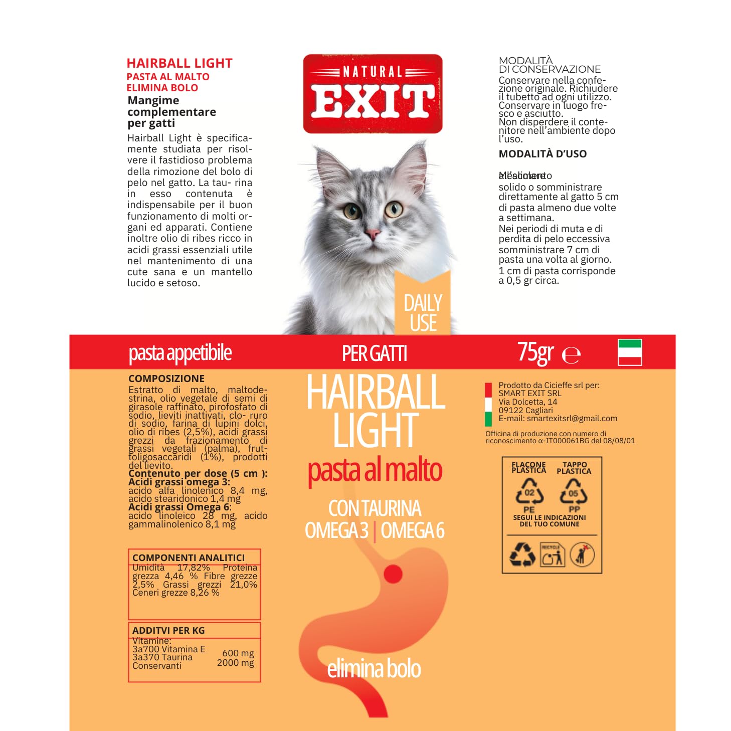 Pasta al malta para gatos, pasta antibolis para gatos, alimento complementario con Taurina Omega 2 y Omega 6, Hairball Light, tubo de 75 gramos