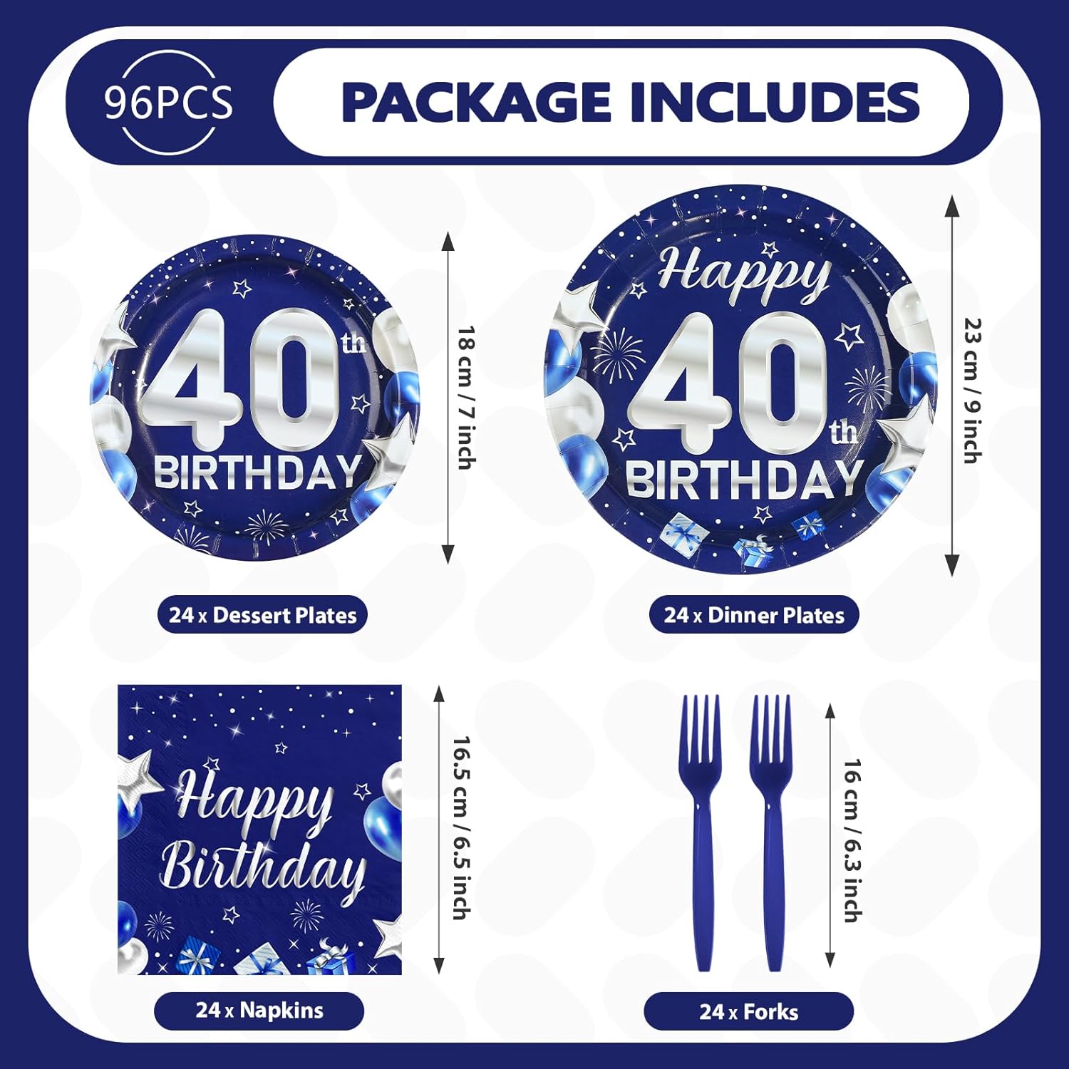 96Pcs 40th Birthday Party Decorations Blue and Silver Plates and Napkins Disposable Blue Silver 40 Years Old Paper Tableware Set for Men Women 40th Birthday Anniversary Party Supplies, Serves 24 - Image 5