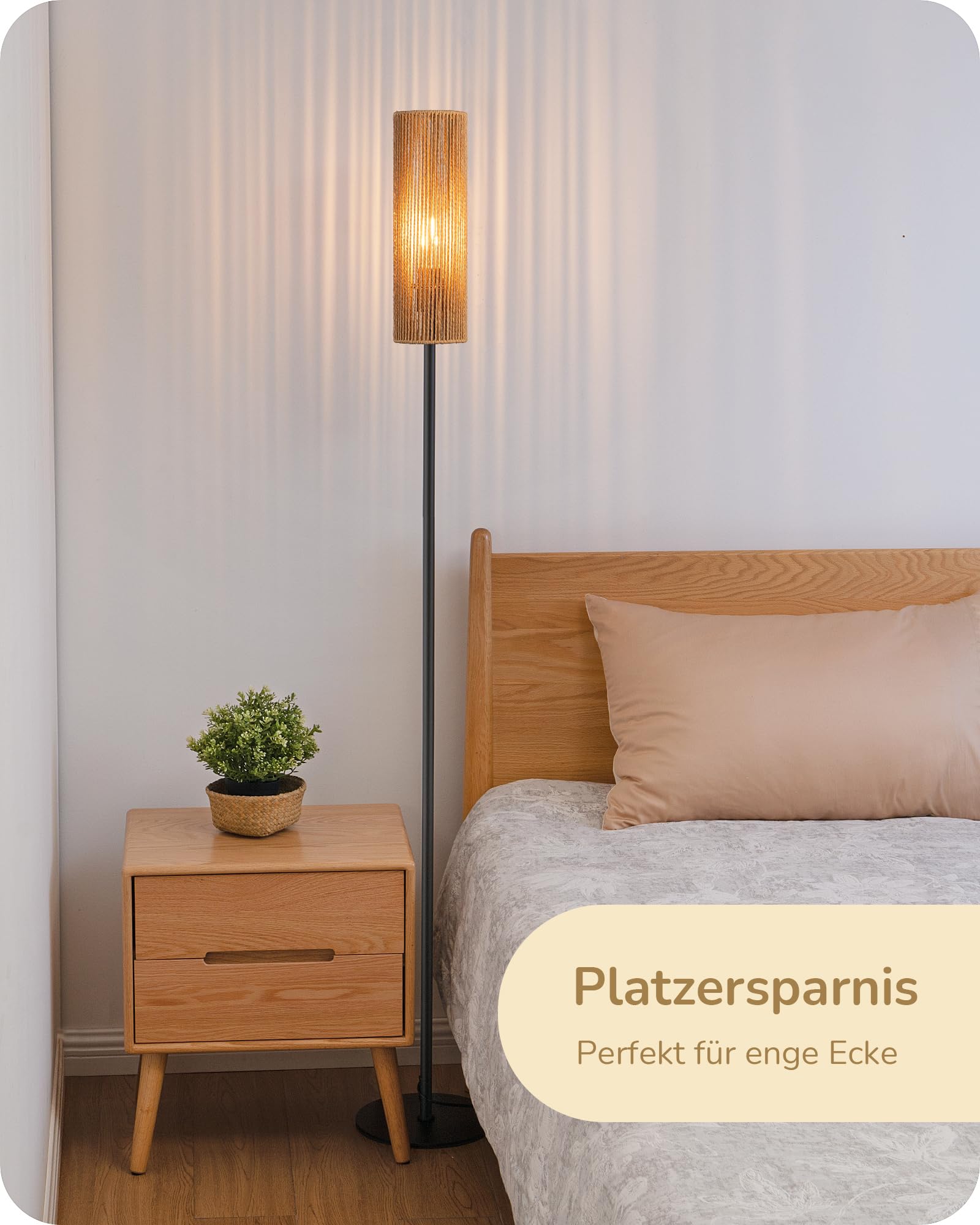 EDISHINE Stehlampe Wohnzimmer, LED Stehleuchte mit Lampenschirm aus gewebtem Seil, Stehleuchte vintage 2700K, Boho Stehlampe E27 für Schlafzimmer, Kinderzimmer oder Ecksofa, Höhe 165 cm