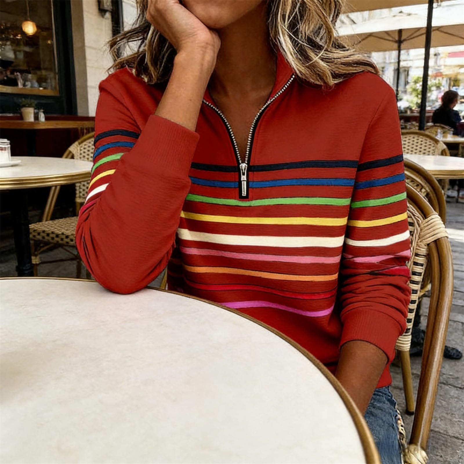 2026 Pull à rayures arc-en-ciel à la mode avec col demi-fermeture éclair pour femme
