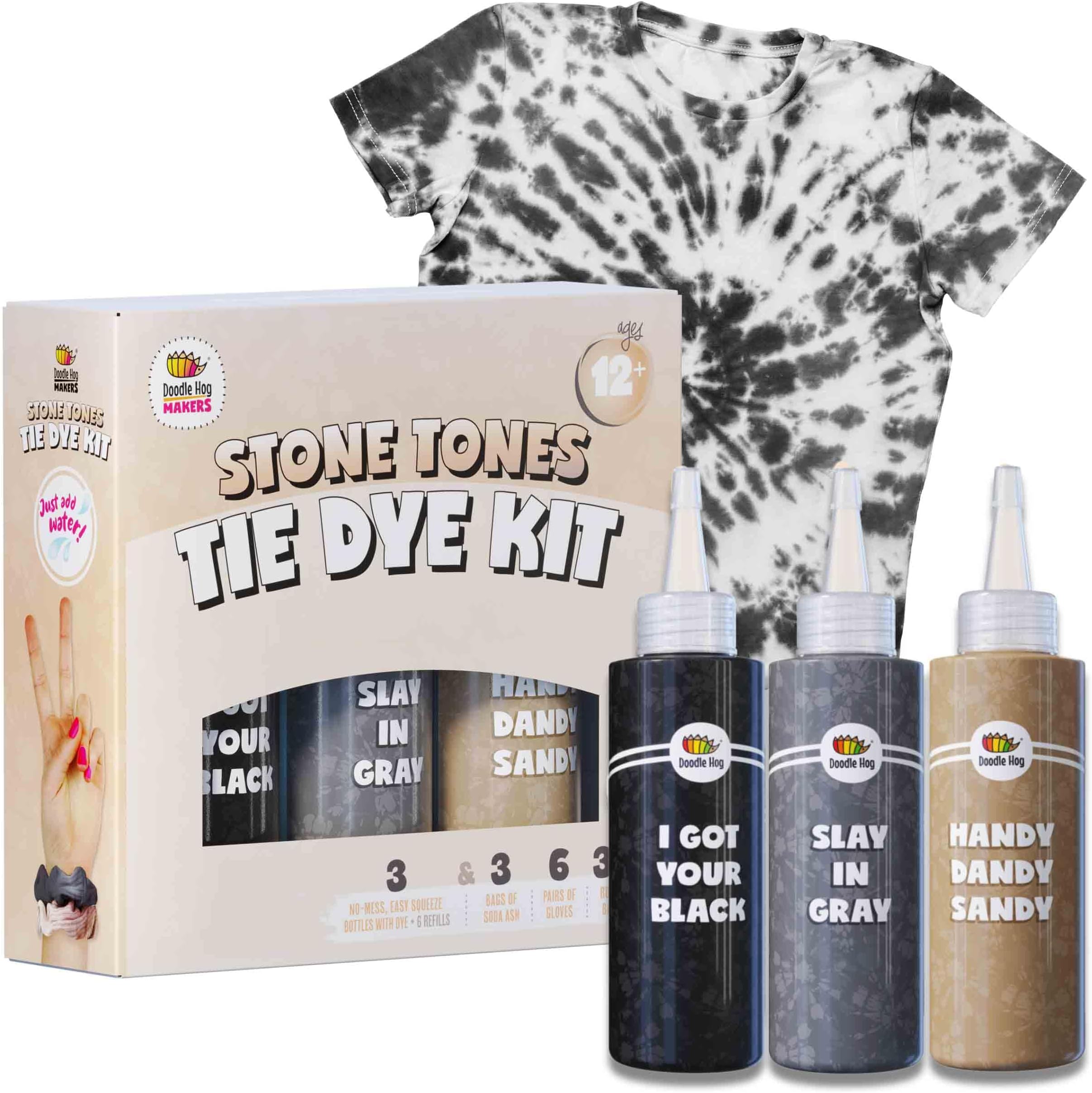 Black Fabric Clothes Tie Dye Including Tan & Charcoal Grey Dye Kit (Tye Dye Kit). 3 Pack Tie Dye Kit with 6 Refills, Soda Ash Included. Black Fabric Dye, Create a Trendy Monochromatic Look.