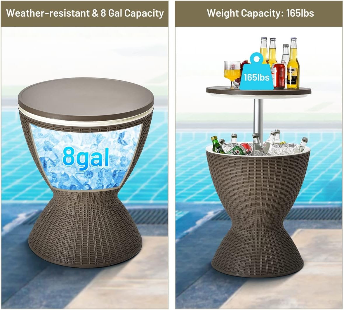 3 in 1 Outdoor Patio Cooler with Adjust Ice Bucket, 8 Gallon Portable Kitchen Cooling Bins for Backyard Deck Bench Camping Picnic Party, Rattan