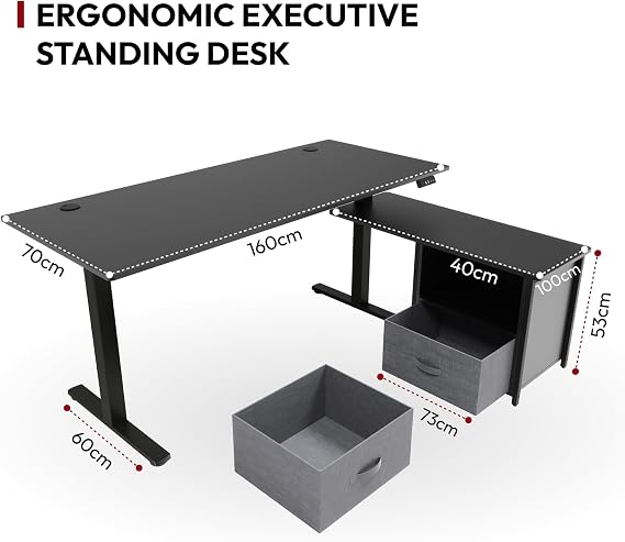 SANODESK 160x70cm Electric Standing Desk L-Shaped Standing Desk Height Adjustable Sit-Stand Table with Dual Drawers for Home Office – Black