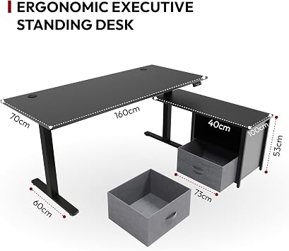 SANODESK 160x70cm Electric Standing Desk L-Shaped Standing Desk Height Adjustable Sit-Stand Table with Dual Drawers for Home Office – Black
