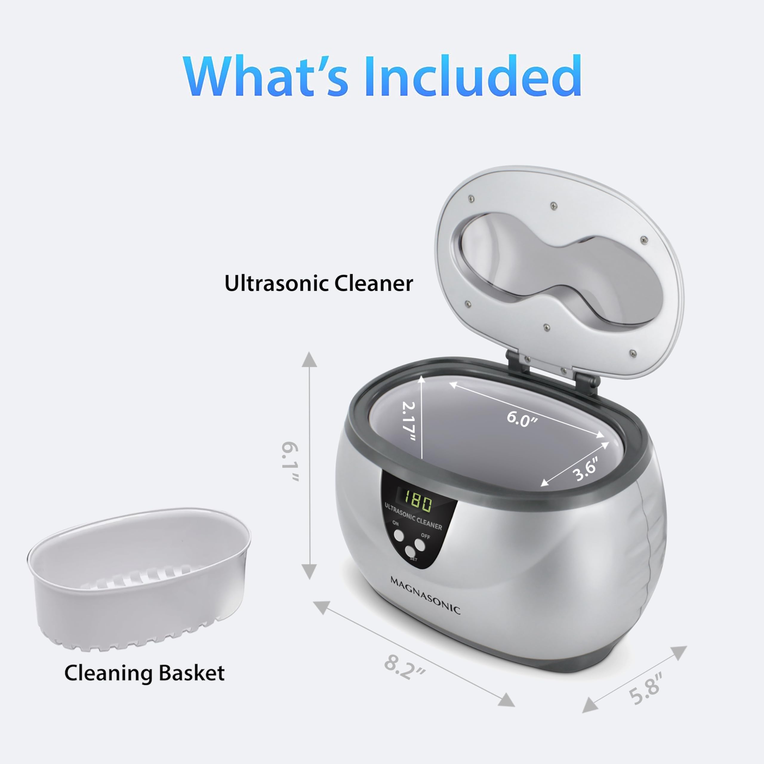 Magnasonic Pulitore a Ultrasuoni - Vasca in Acciaio Inox da 20 oz, Timer Digitale, 5 Modalità di Pulizia, Pulitore a Ultrasuoni per Gioielli per Tutti i Gioielli, Occhiali, Orologi, Dentiere, Retainer